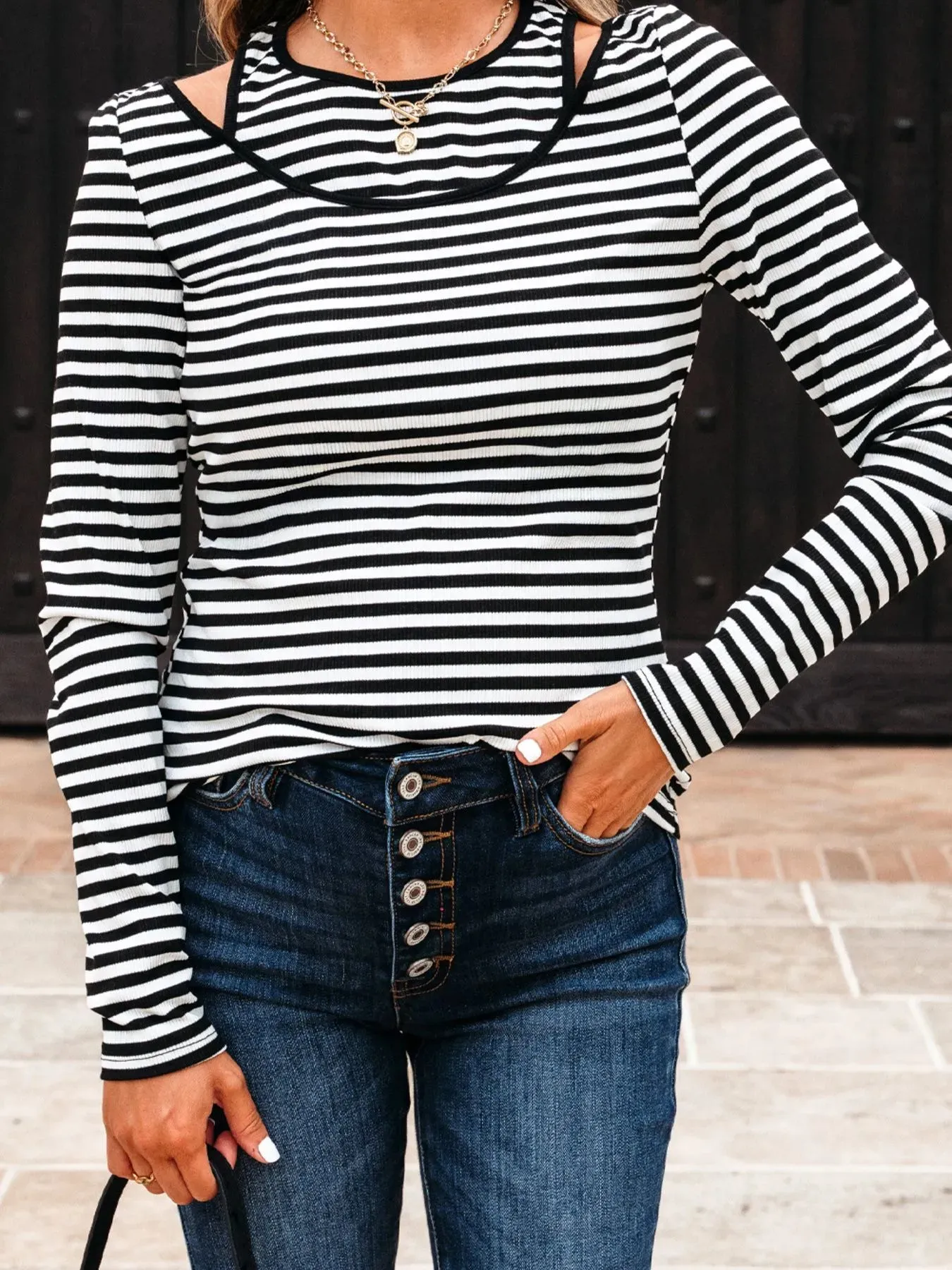 Stripe Double-layer Cold Shoulder Long Sleeve Top sold by Charming Charlie product image thumbnail 5