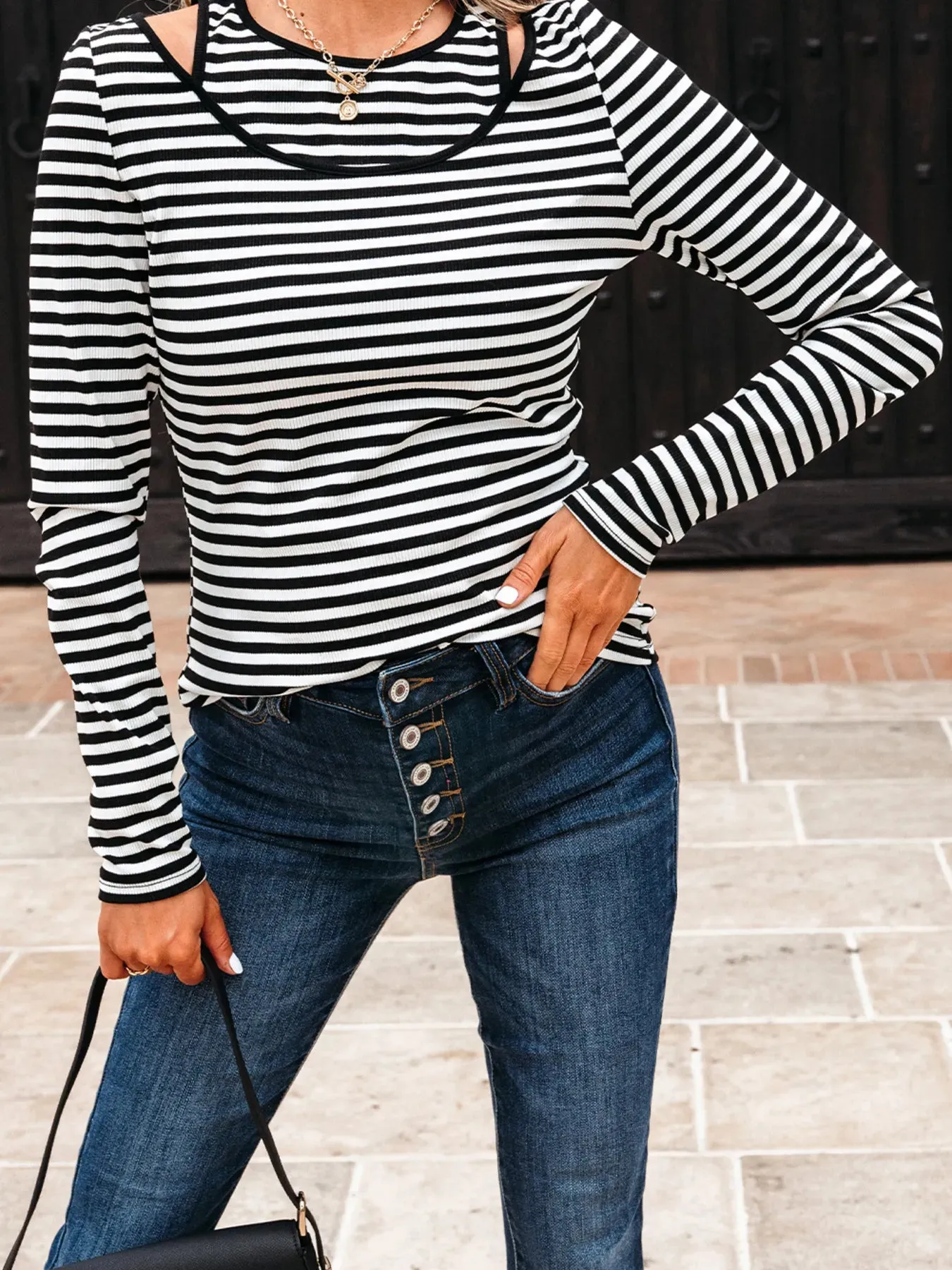 Stripe Double-layer Cold Shoulder Long Sleeve Top sold by Charming Charlie product image thumbnail 2