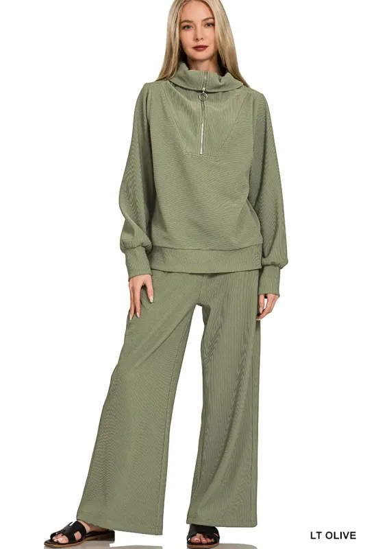 Zenana Ribbed High Neck Half Zip Pullover & Pants Set sold by Charming Charlie