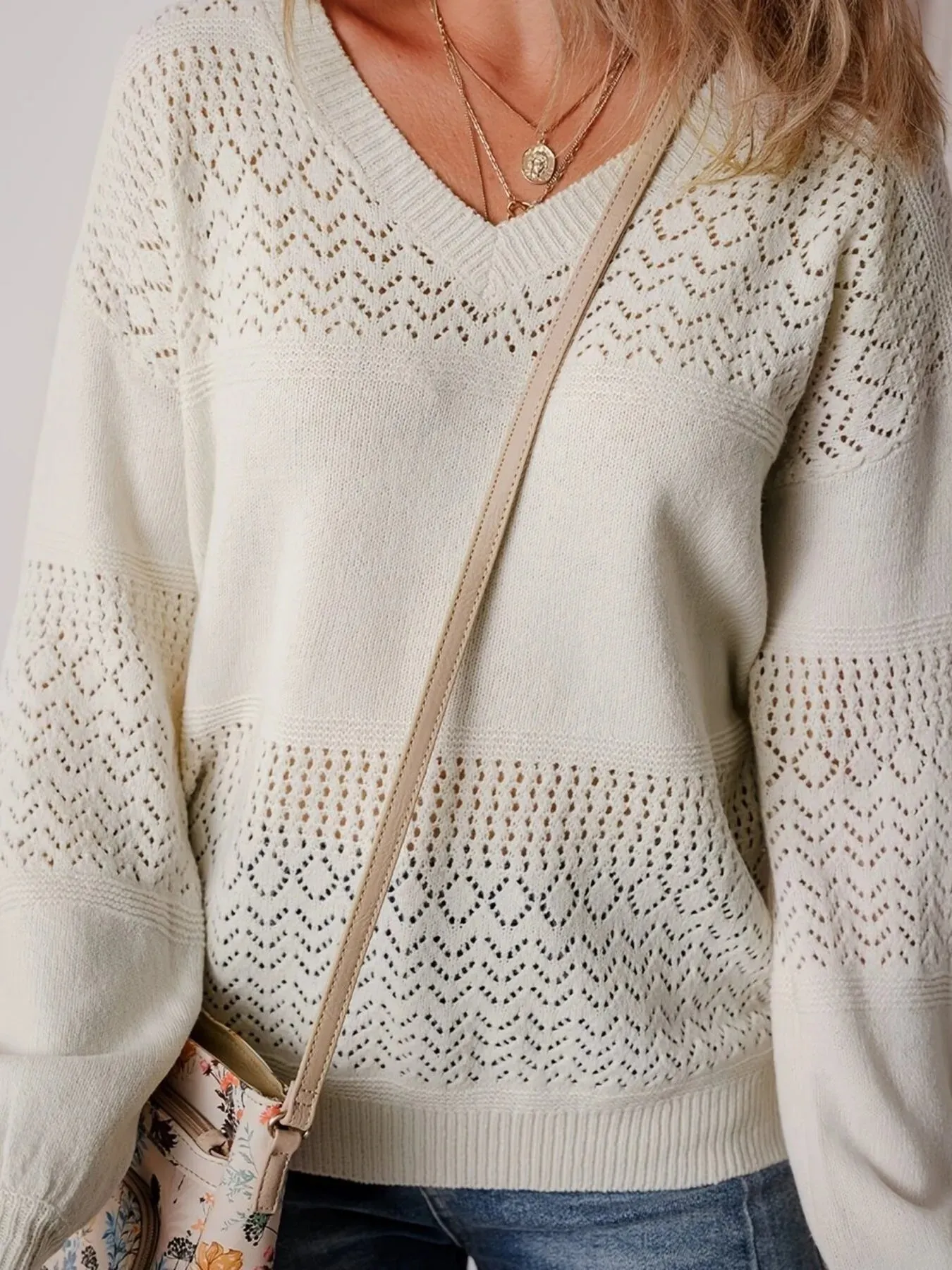 Eyelet Deatil V-Neck Long Sleeve Sweater sold by Charming Charlie product image thumbnail 3