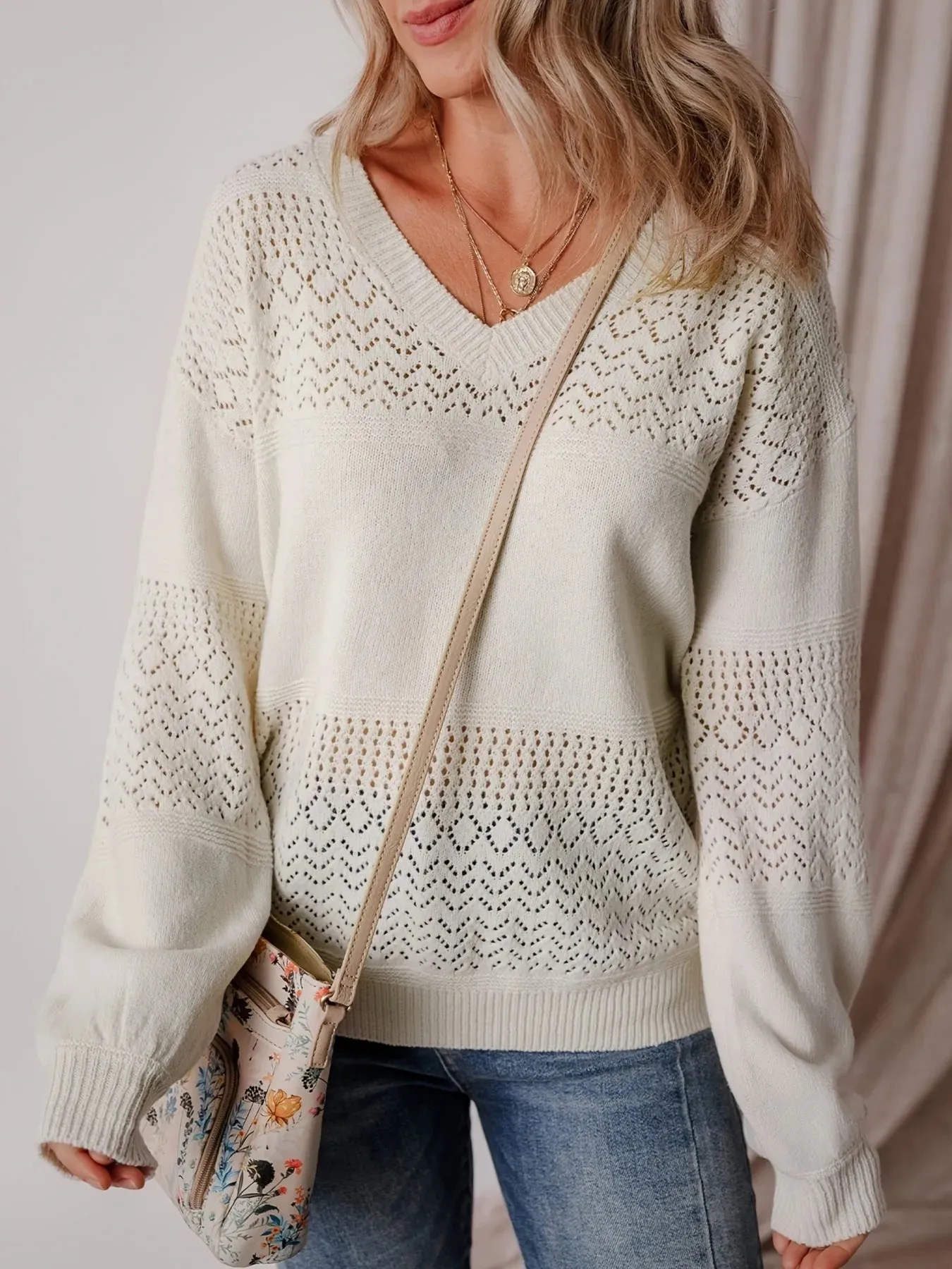 Eyelet Deatil V-Neck Long Sleeve Sweater sold by Charming Charlie