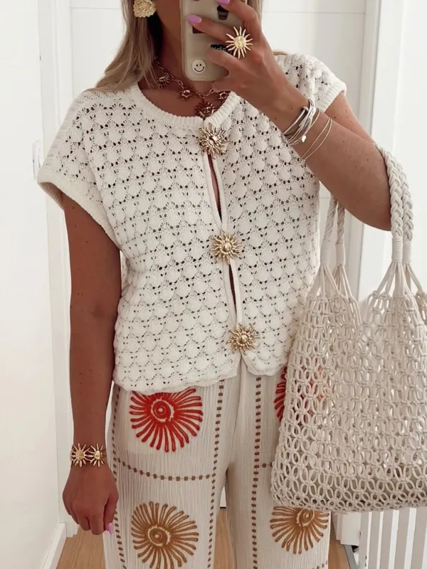 Crochet Short Sleeve Button Front Cardigan sold by Charming Charlie