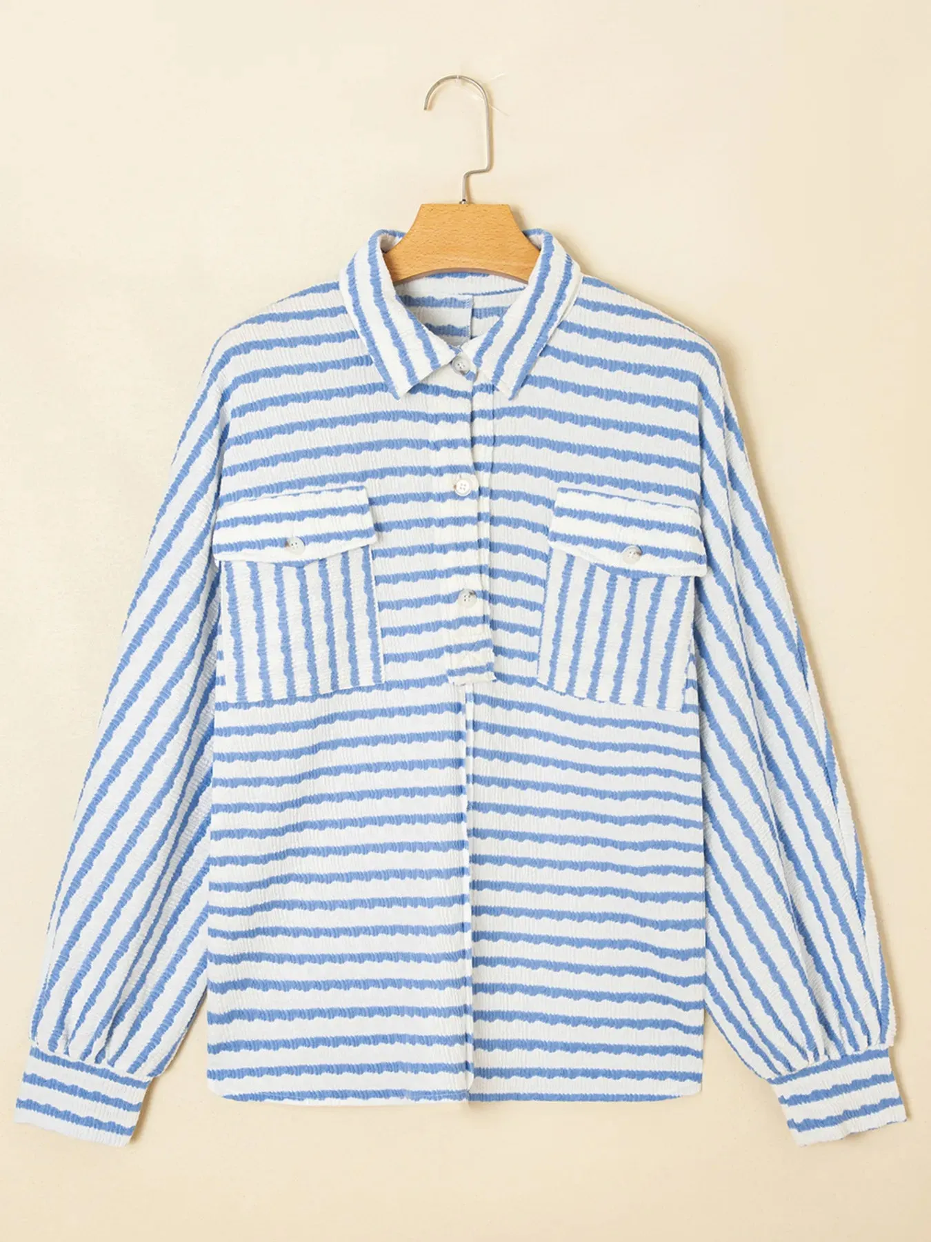 Stripe Half Button Collared Chest Pockets Loose Fit Blouse sold by Charming Charlie product image thumbnail 2