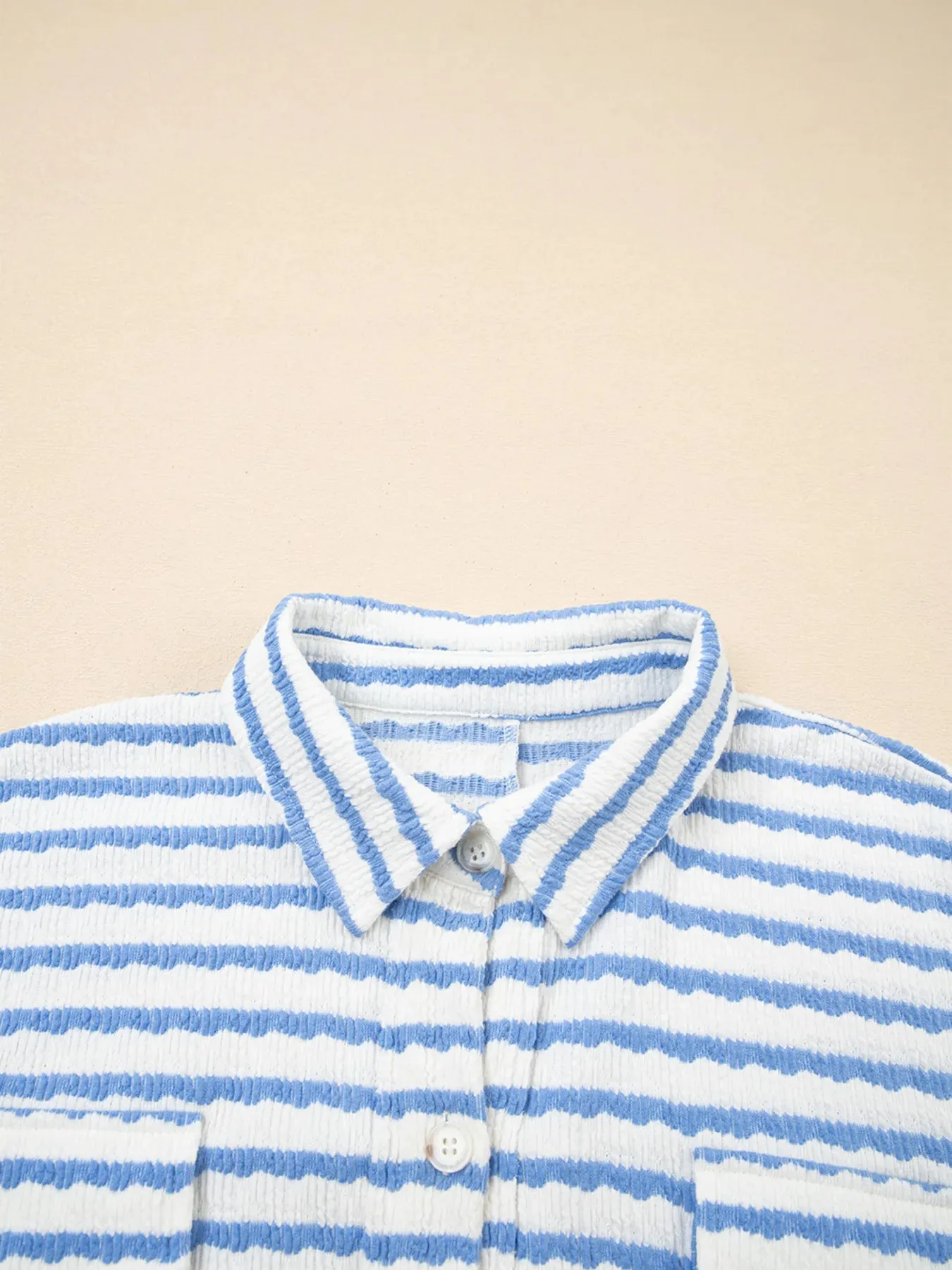 Stripe Half Button Collared Chest Pockets Loose Fit Blouse sold by Charming Charlie product image thumbnail 4