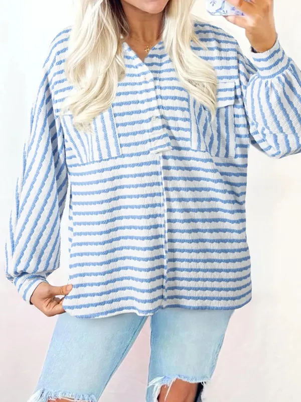 Stripe Half Button Collared Chest Pockets Loose Fit Blouse sold by Charming Charlie