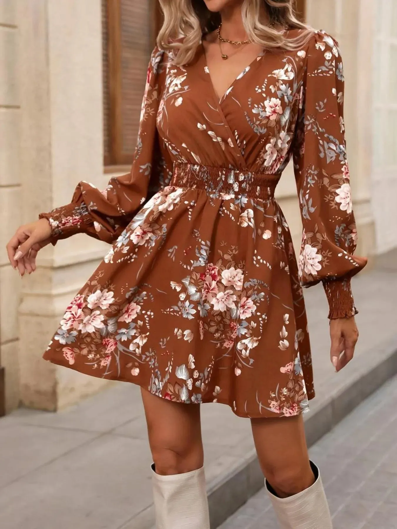 Floral Long Sleeve Mini Dress with Smocked Waist sold by Charming Charlie product image thumbnail 4