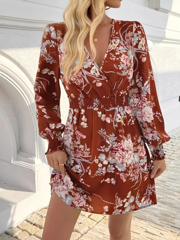 Floral Long Sleeve Mini Dress with Smocked Waist sold by Charming Charlie