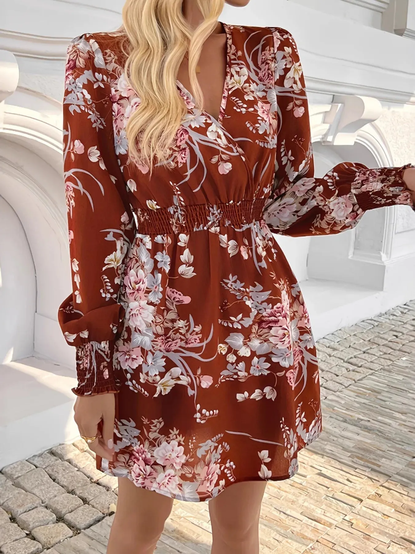 Floral Long Sleeve Mini Dress with Smocked Waist sold by Charming Charlie product image thumbnail 2