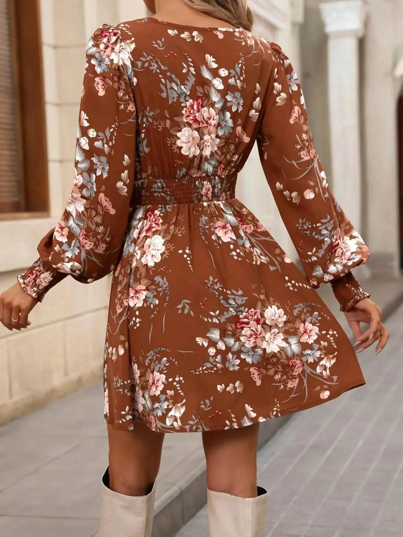 Floral Long Sleeve Mini Dress with Smocked Waist sold by Charming Charlie product image thumbnail 3