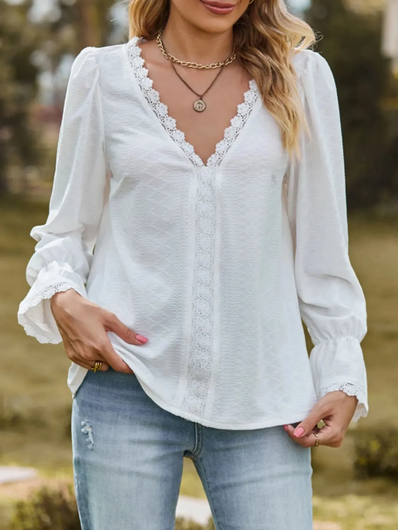 Lace Trim V-Neck Blouse with Flounce Sleeves sold by Charming Charlie