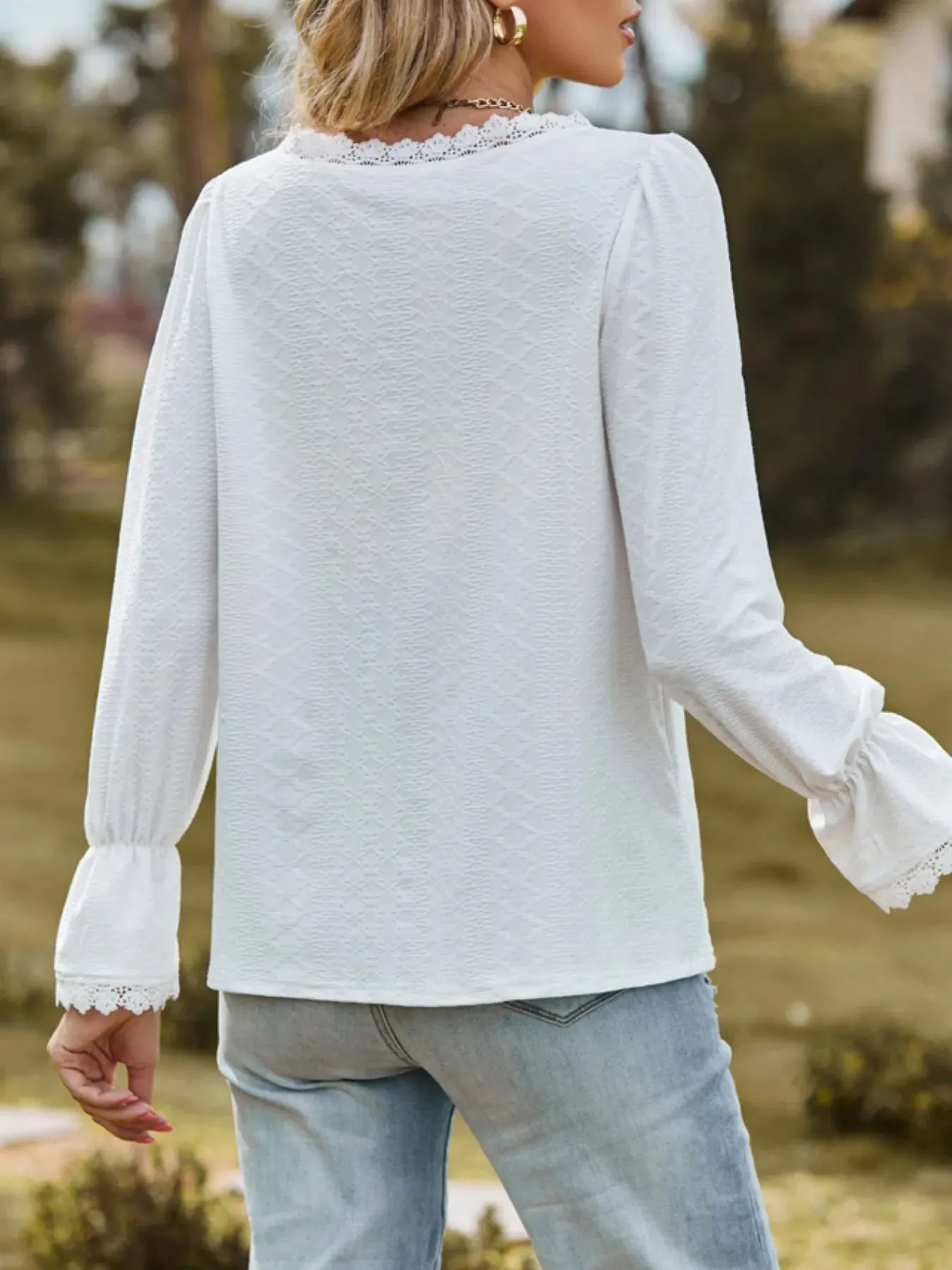 Lace Trim V-Neck Blouse with Flounce Sleeves sold by Charming Charlie product image thumbnail 5