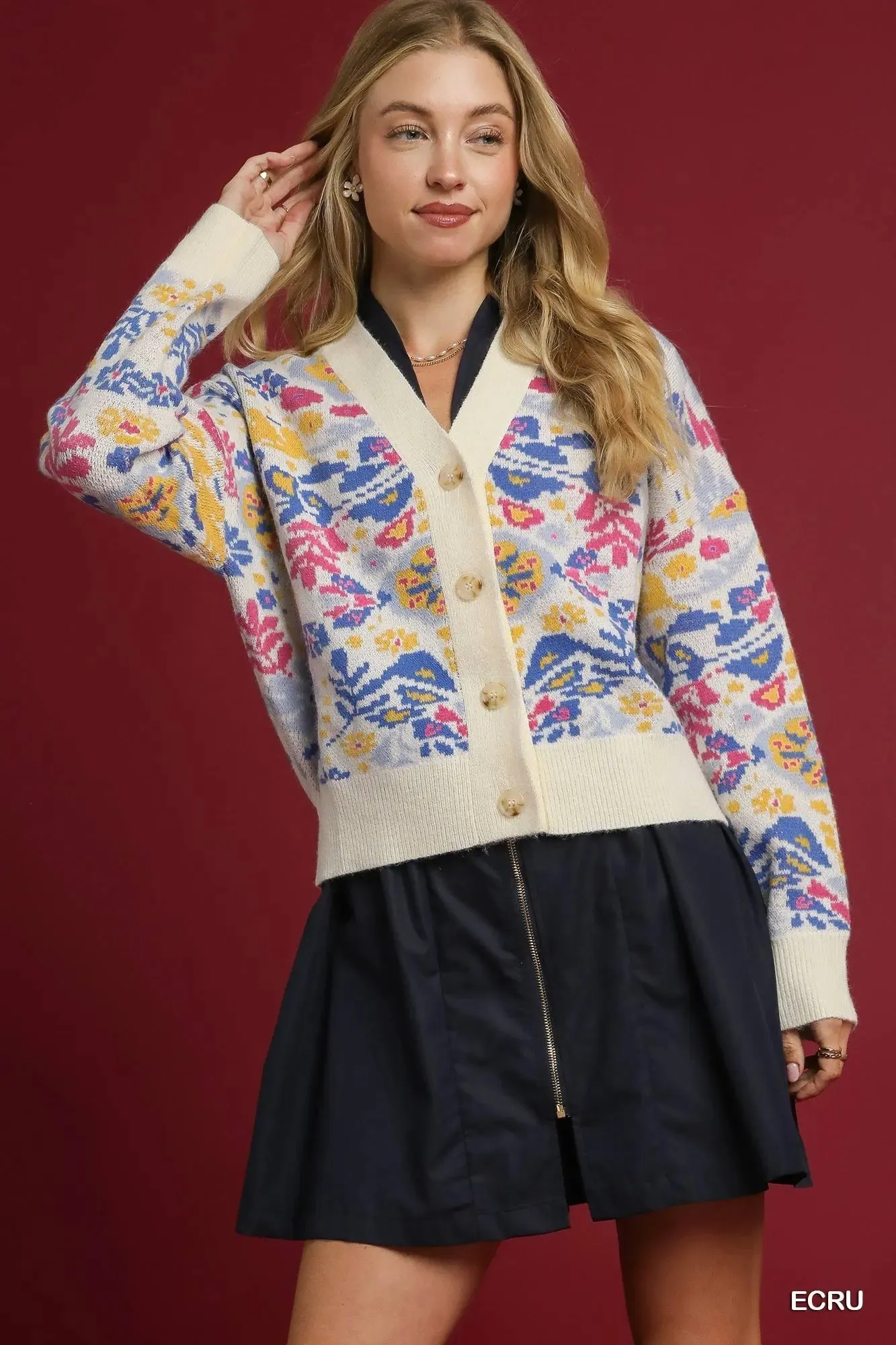 Umgee Floral Button-Up V-Neck Cardigan sold by Charming Charlie