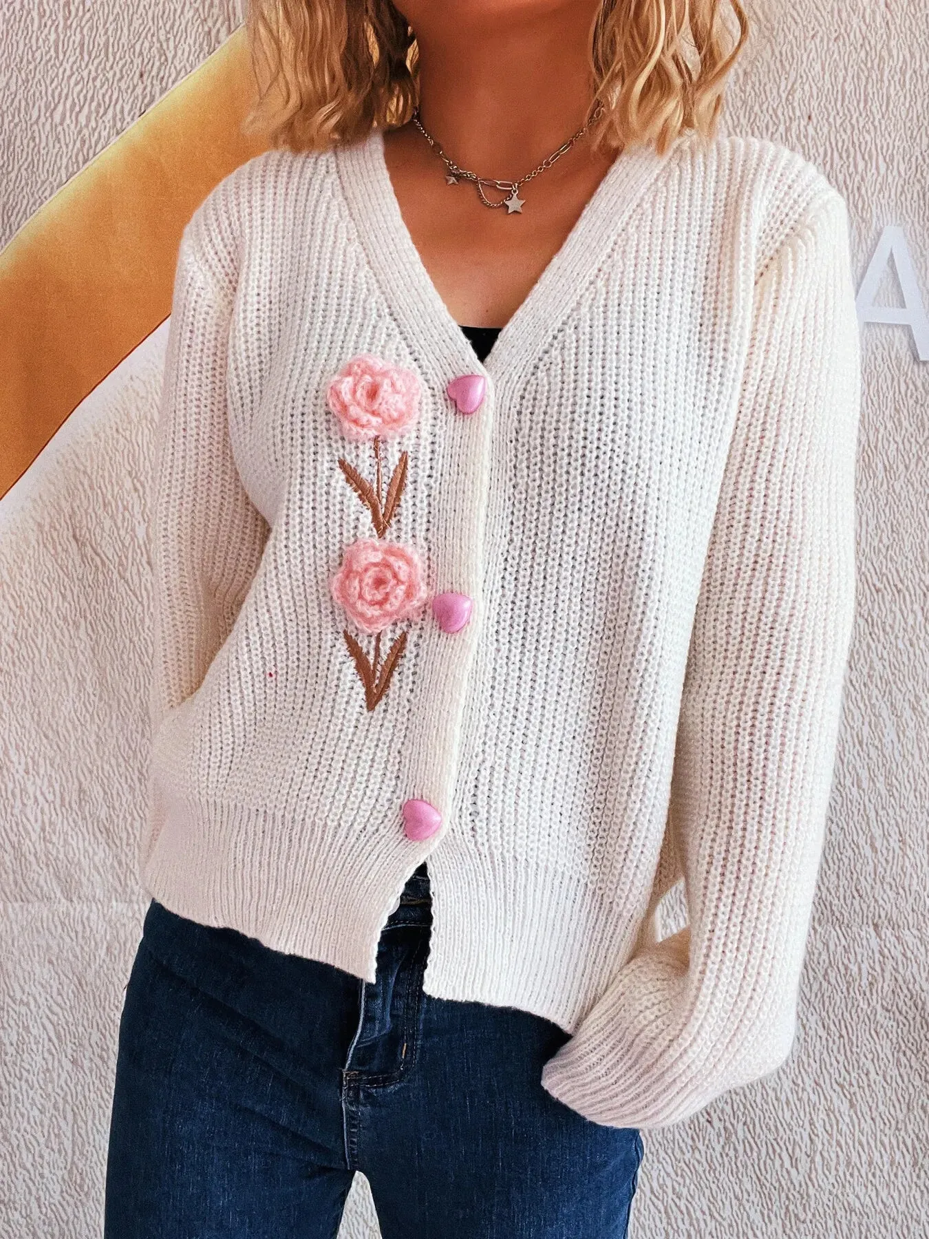 Flower V-Neck Button Up Cardigan sold by Charming Charlie product image thumbnail 4