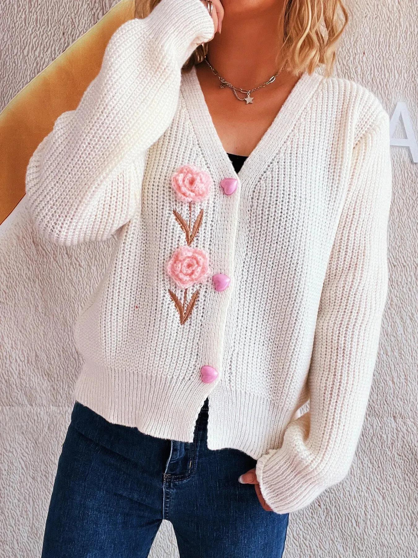 Flower V-Neck Button Up Cardigan sold by Charming Charlie product image thumbnail 2