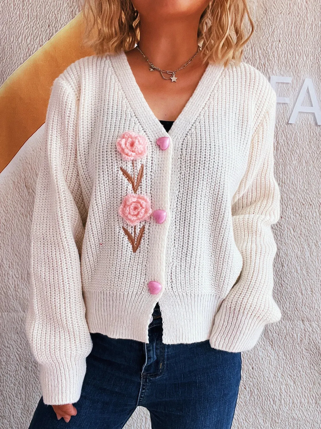 Flower V-Neck Button Up Cardigan sold by Charming Charlie product image thumbnail 3