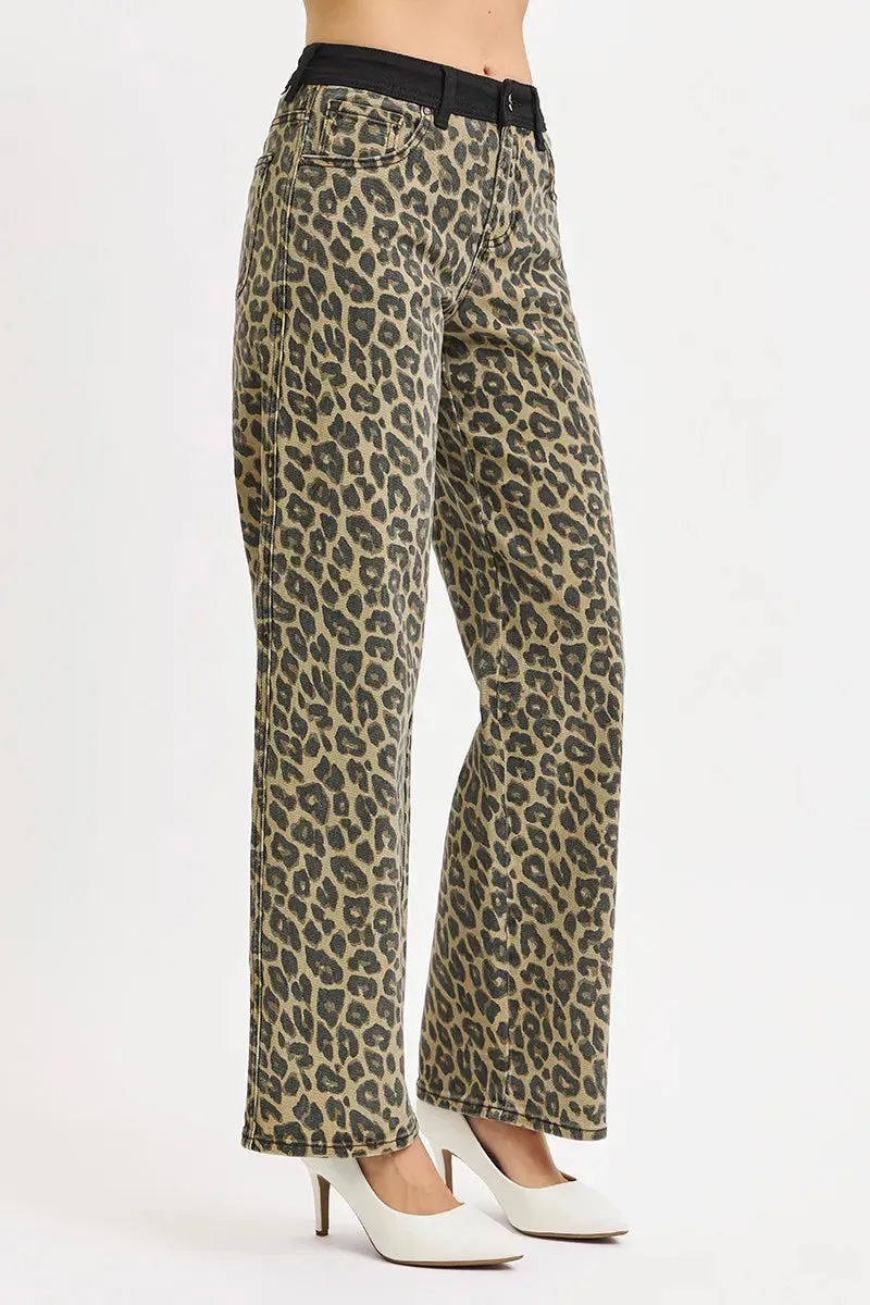 RISEN High Rise Wide Leg Leopard Printed Jeans with Contrast Waist Band Detail sold by Charming Charlie product image thumbnail 4