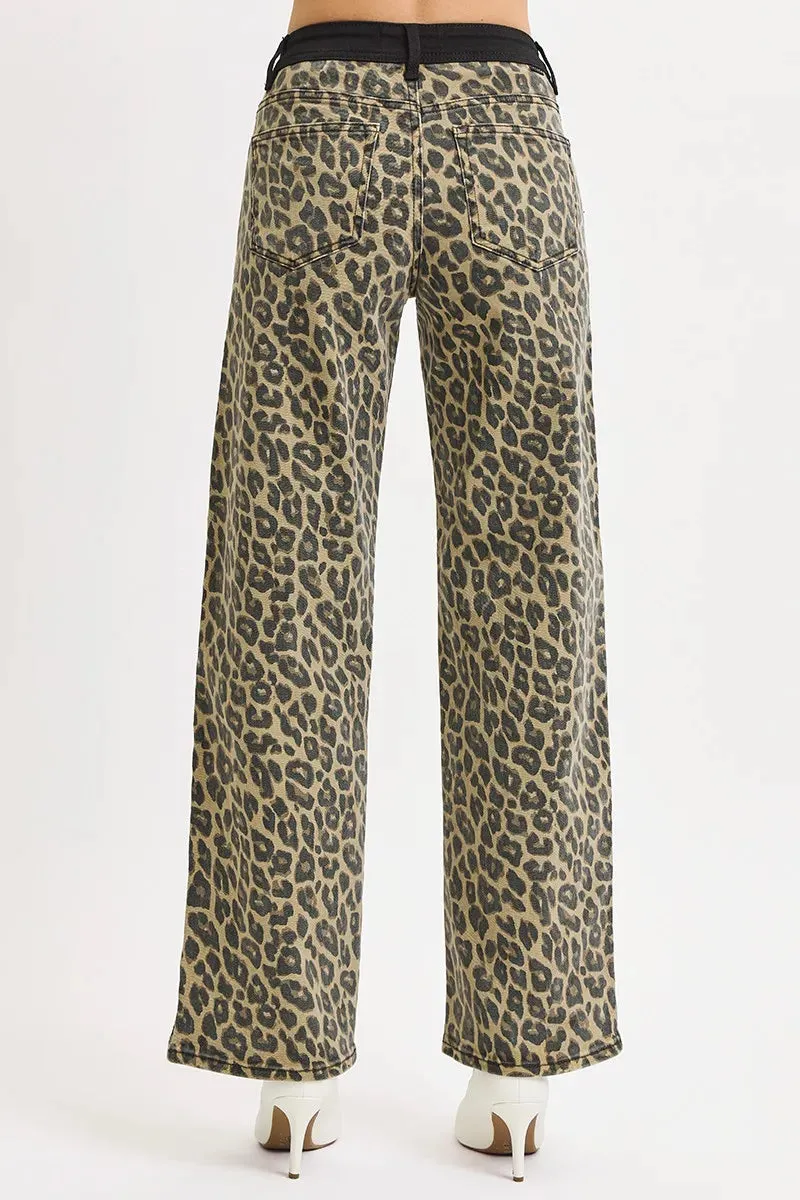 RISEN High Rise Wide Leg Leopard Printed Jeans with Contrast Waist Band Detail sold by Charming Charlie product image thumbnail 5