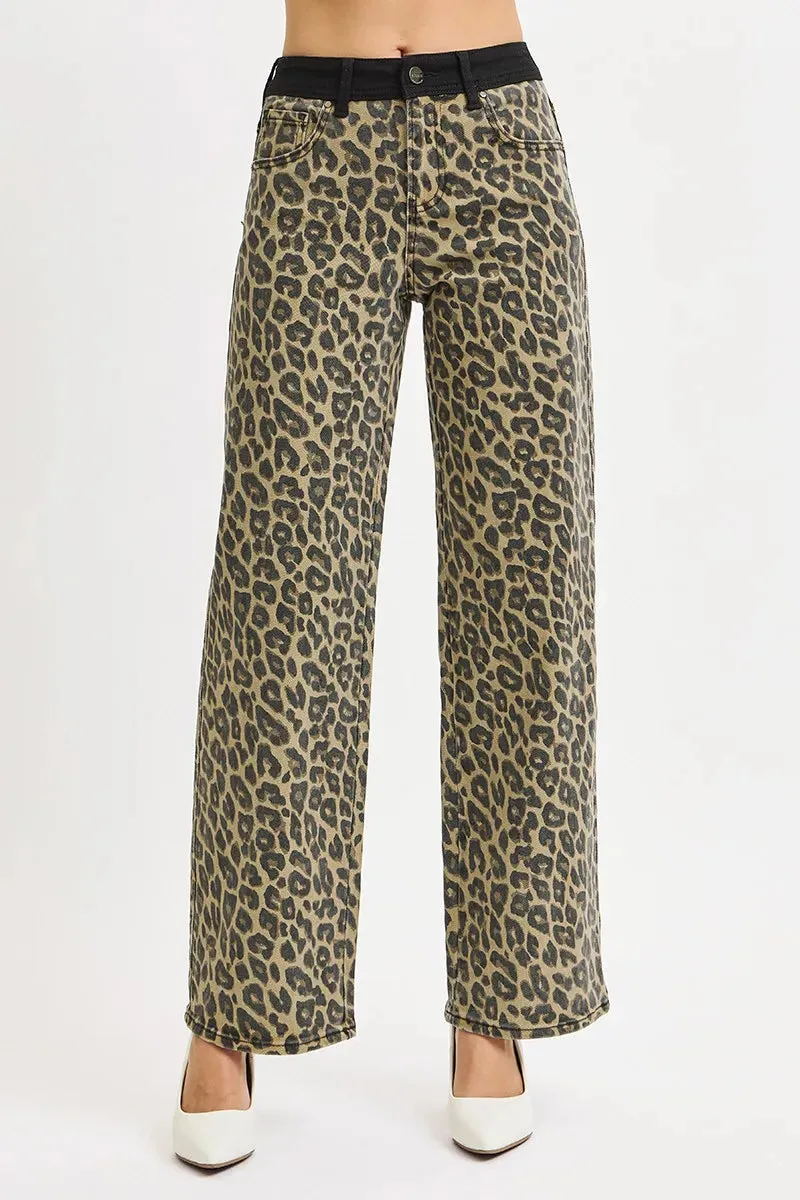 RISEN High Rise Wide Leg Leopard Printed Jeans with Contrast Waist Band Detail sold by Charming Charlie product image thumbnail 2