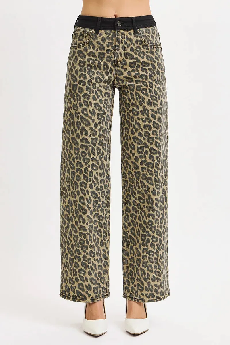 RISEN High Rise Wide Leg Leopard Printed Jeans with Contrast Waist Band Detail sold by Charming Charlie product image thumbnail 3