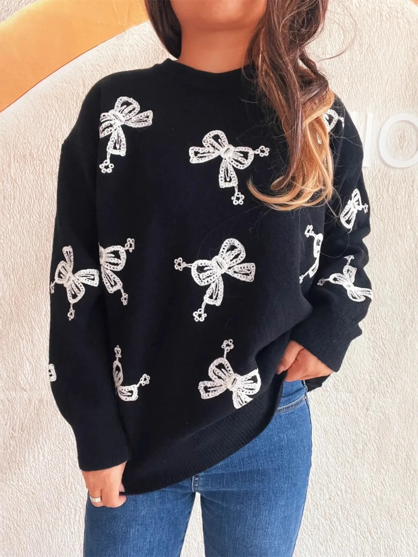 Bow Round Neck Long Sleeve Sweater sold by Charming Charlie product image thumbnail 4