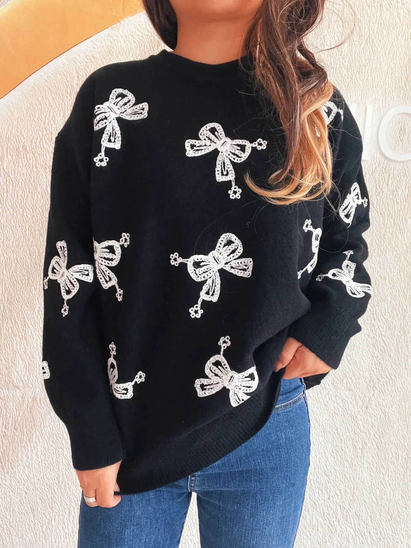 Bow Round Neck Long Sleeve Sweater sold by Charming Charlie