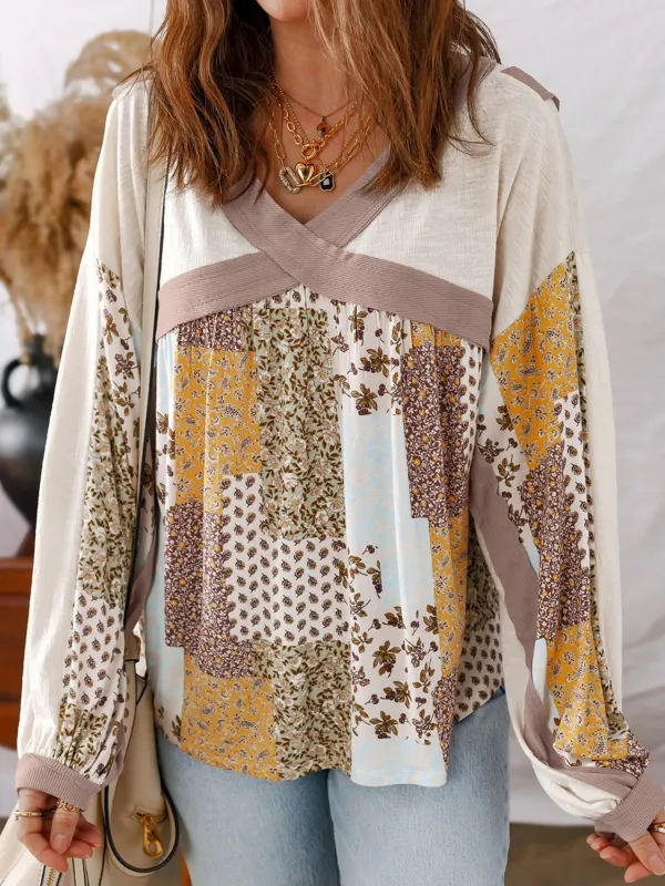 Floral Printed Contrast Patchwork Long Sleeve Top sold by Charming Charlie