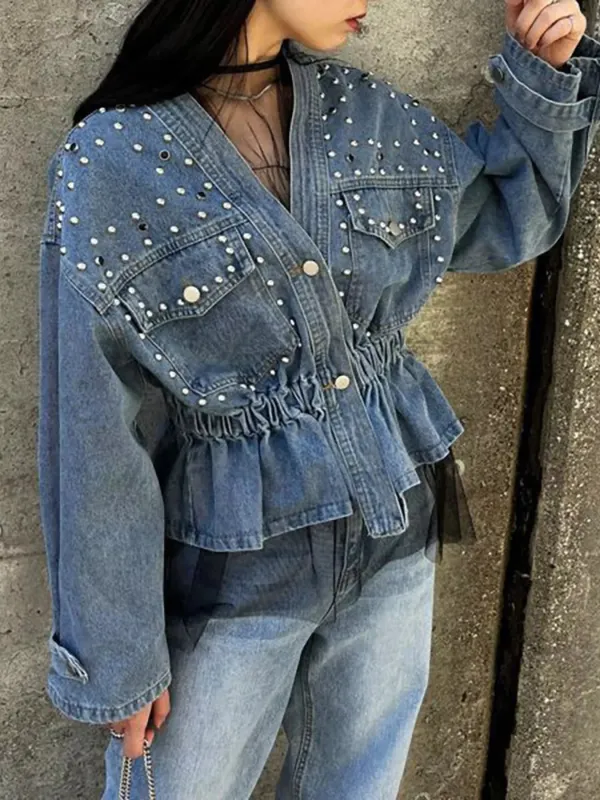 Studded Button Up Denim Jacket sold by Charming Charlie