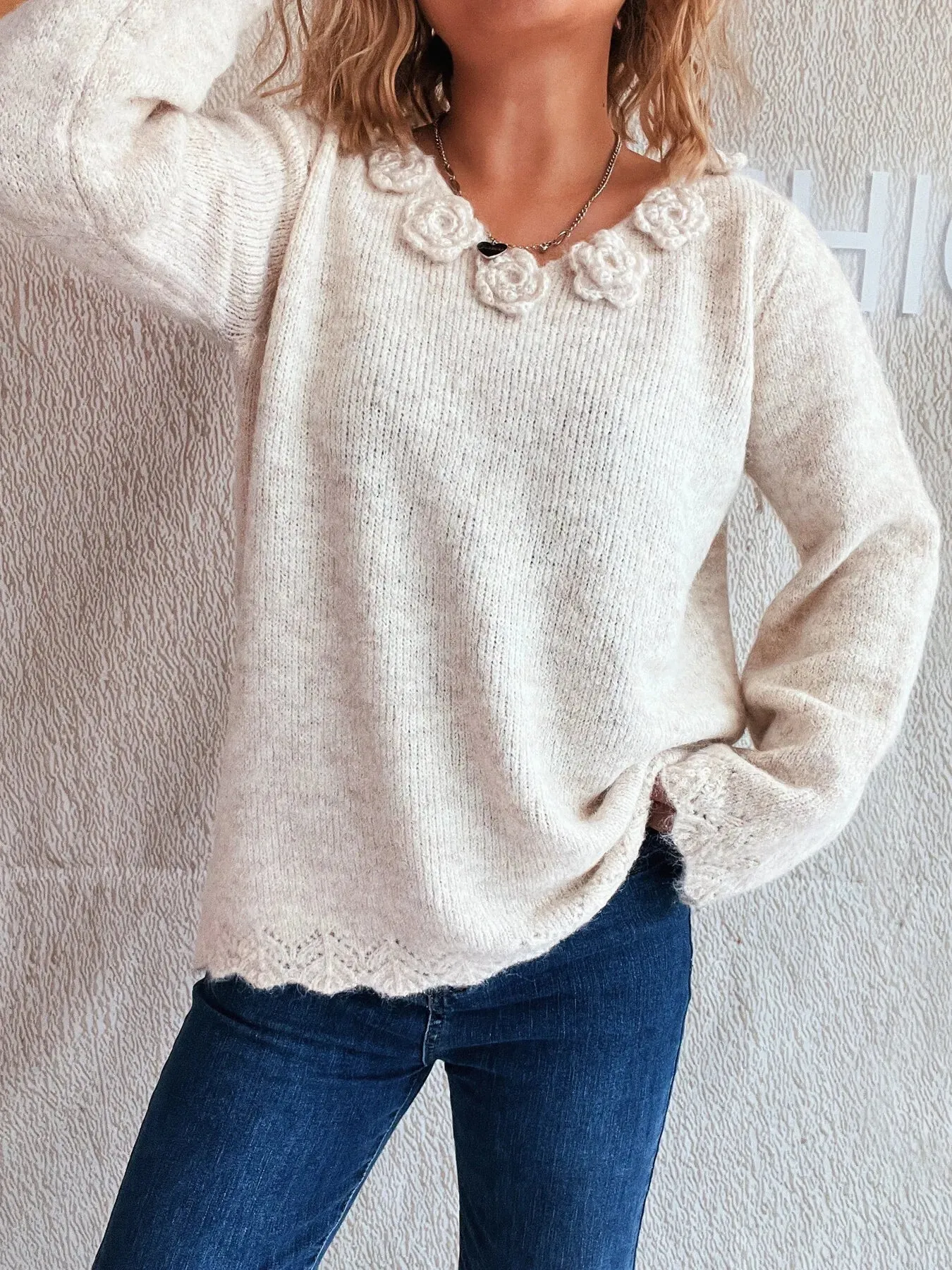 Flower V-Neck Long Sleeve Sweater sold by Charming Charlie