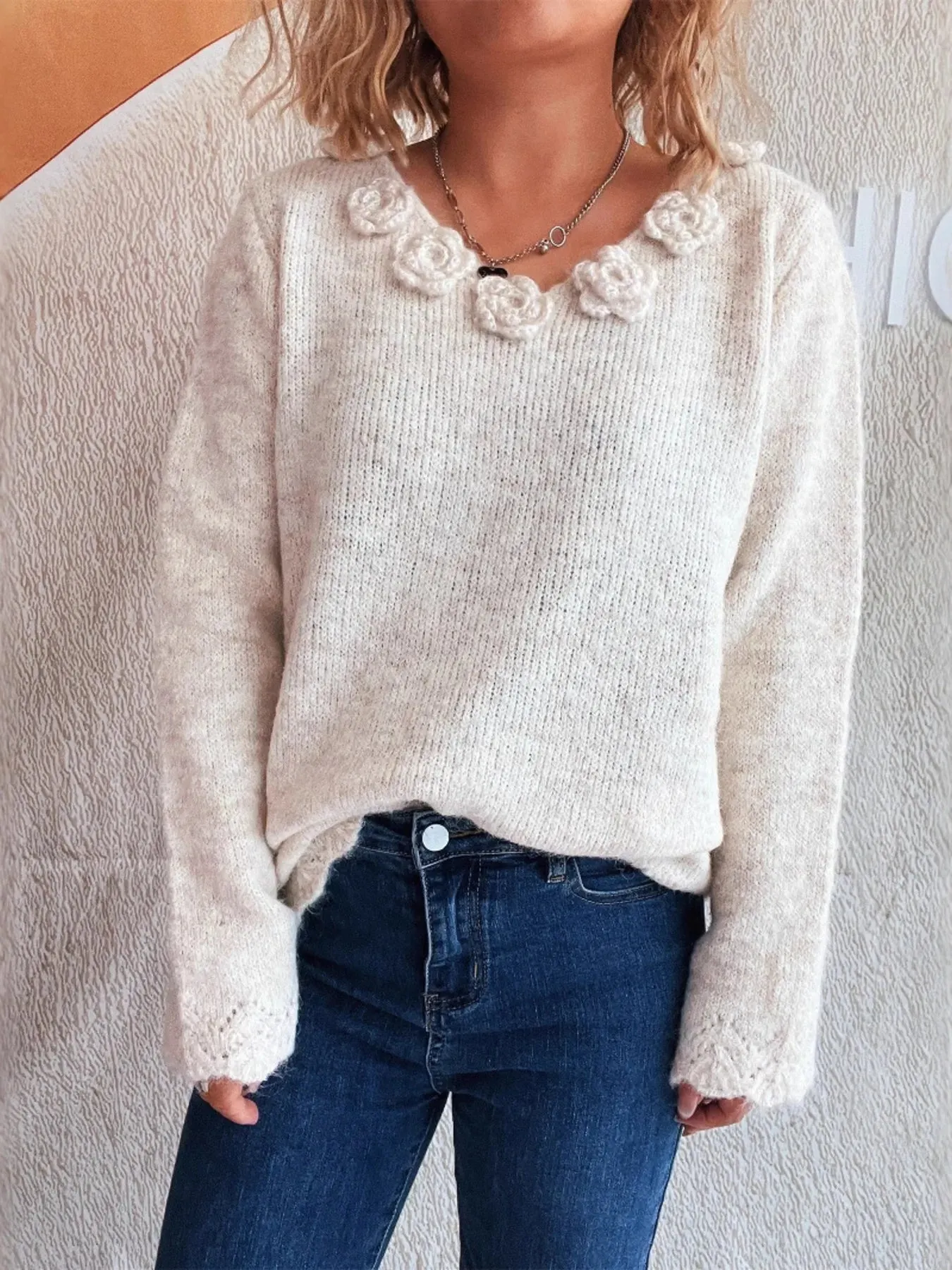 Flower V-Neck Long Sleeve Sweater sold by Charming Charlie product image thumbnail 5