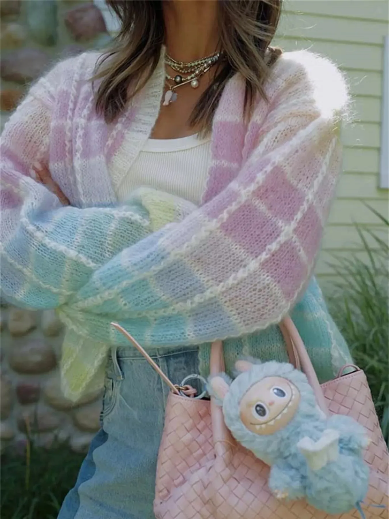 Rainbow Plaid Open Front Cardigan sold by Charming Charlie product image thumbnail 5