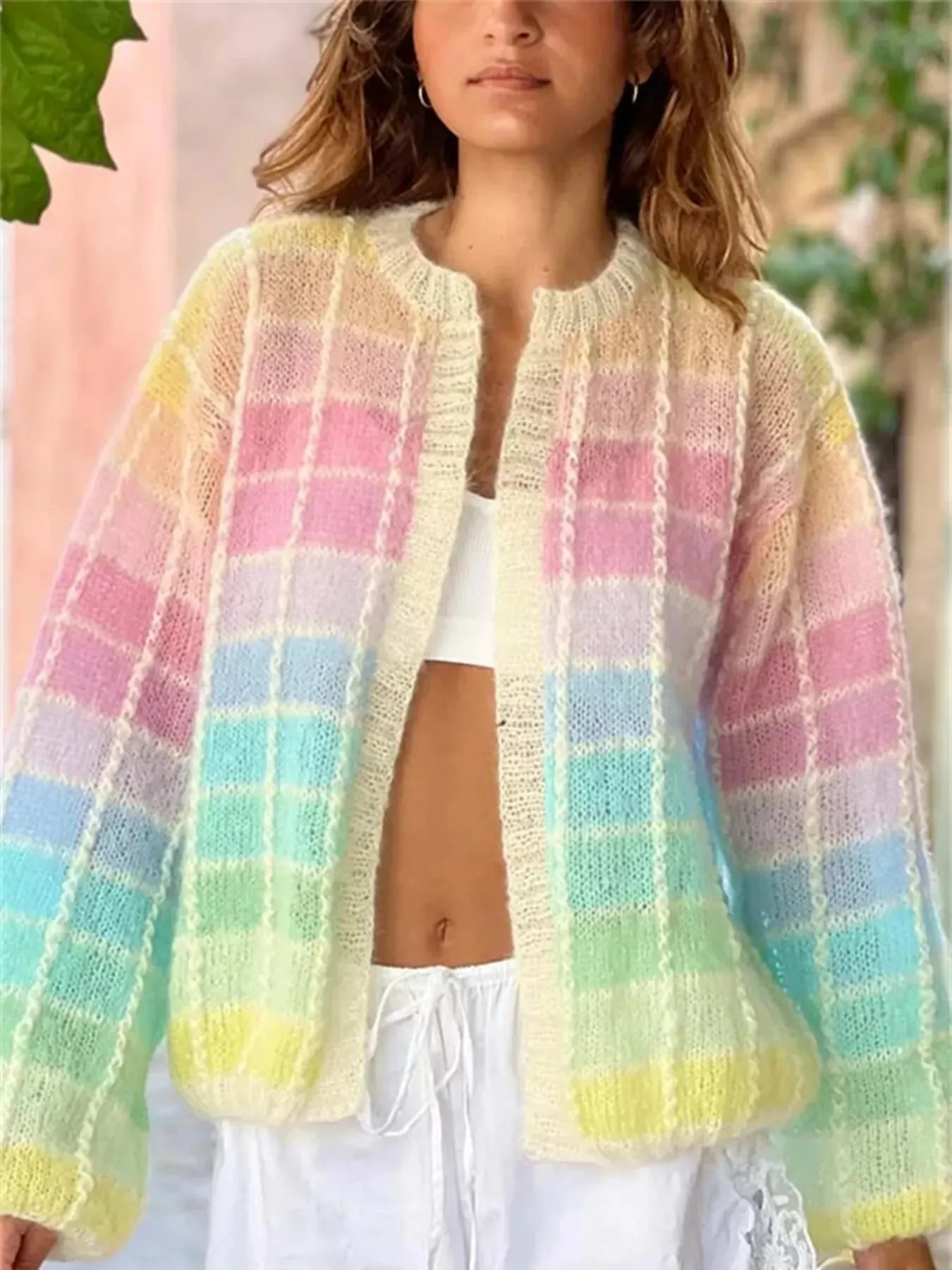 Rainbow Plaid Open Front Cardigan sold by Charming Charlie product image thumbnail 2