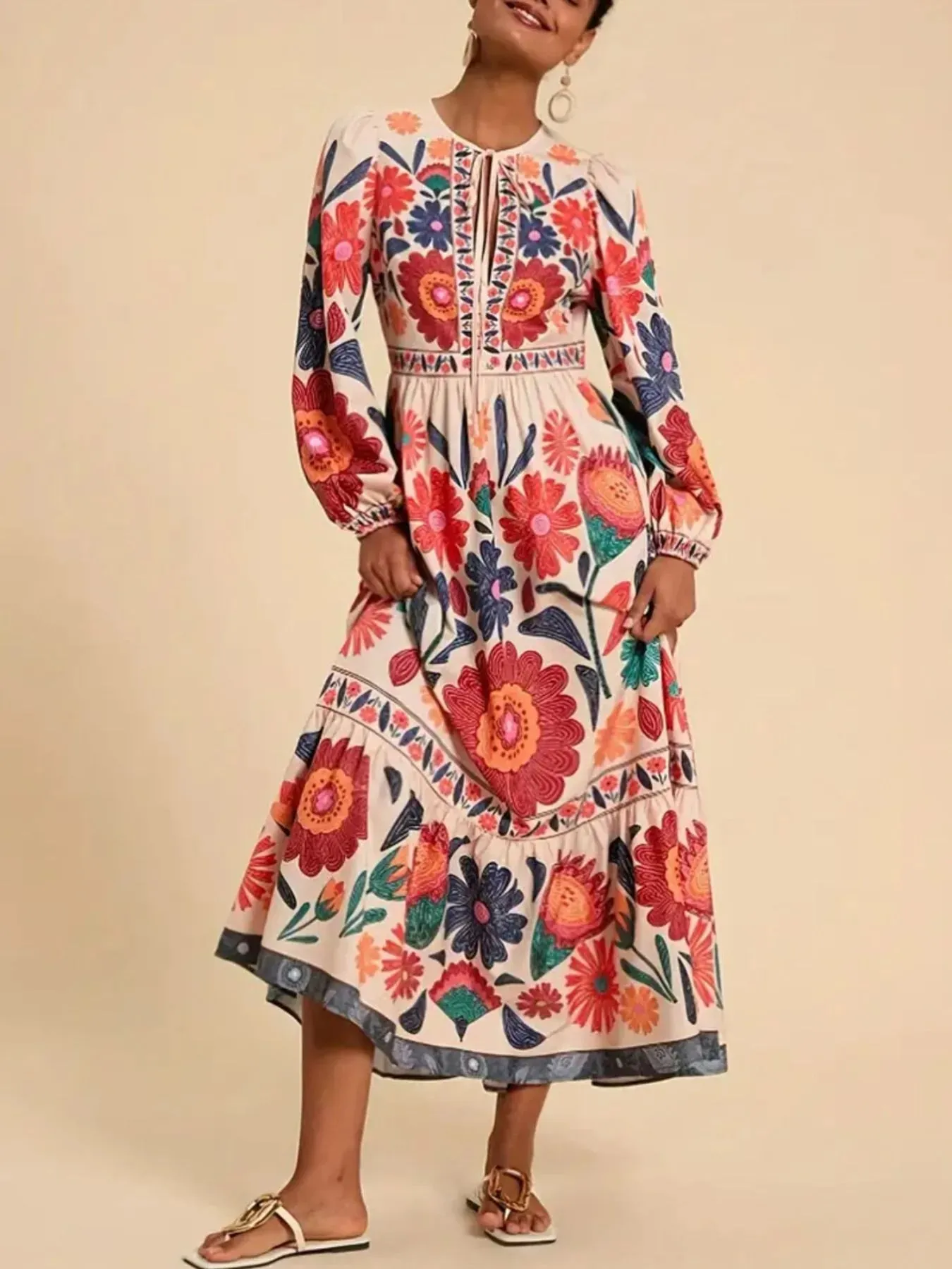 Floral Tie Waist Long Sleeve Dress sold by Charming Charlie product image thumbnail 4