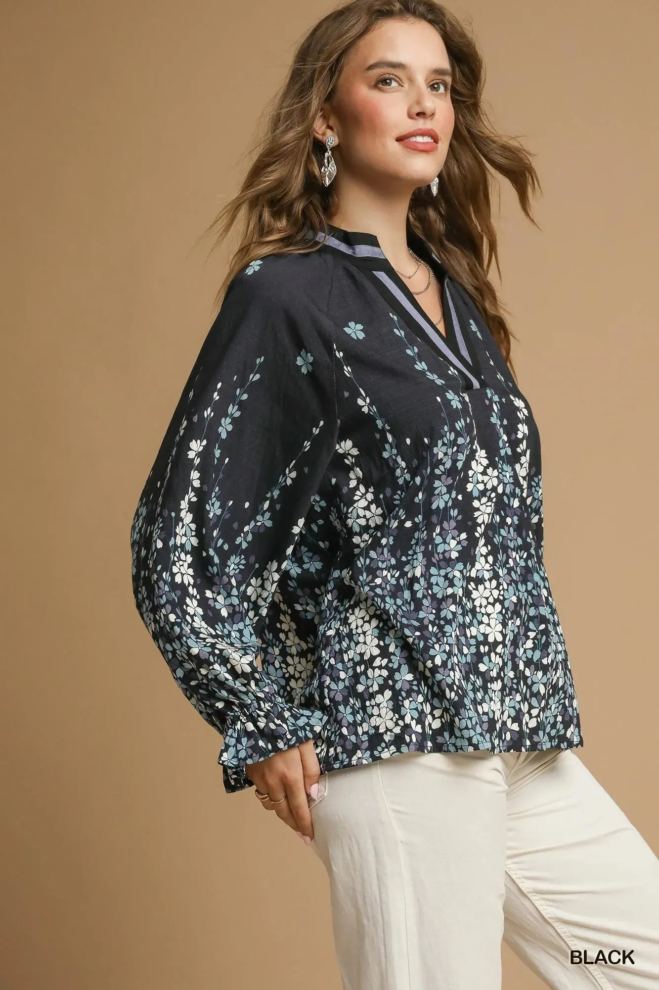 Umgee Full Size Floral Vine Print Blouse with Balloon Sleeves Plus Size sold by Charming Charlie product image thumbnail 4