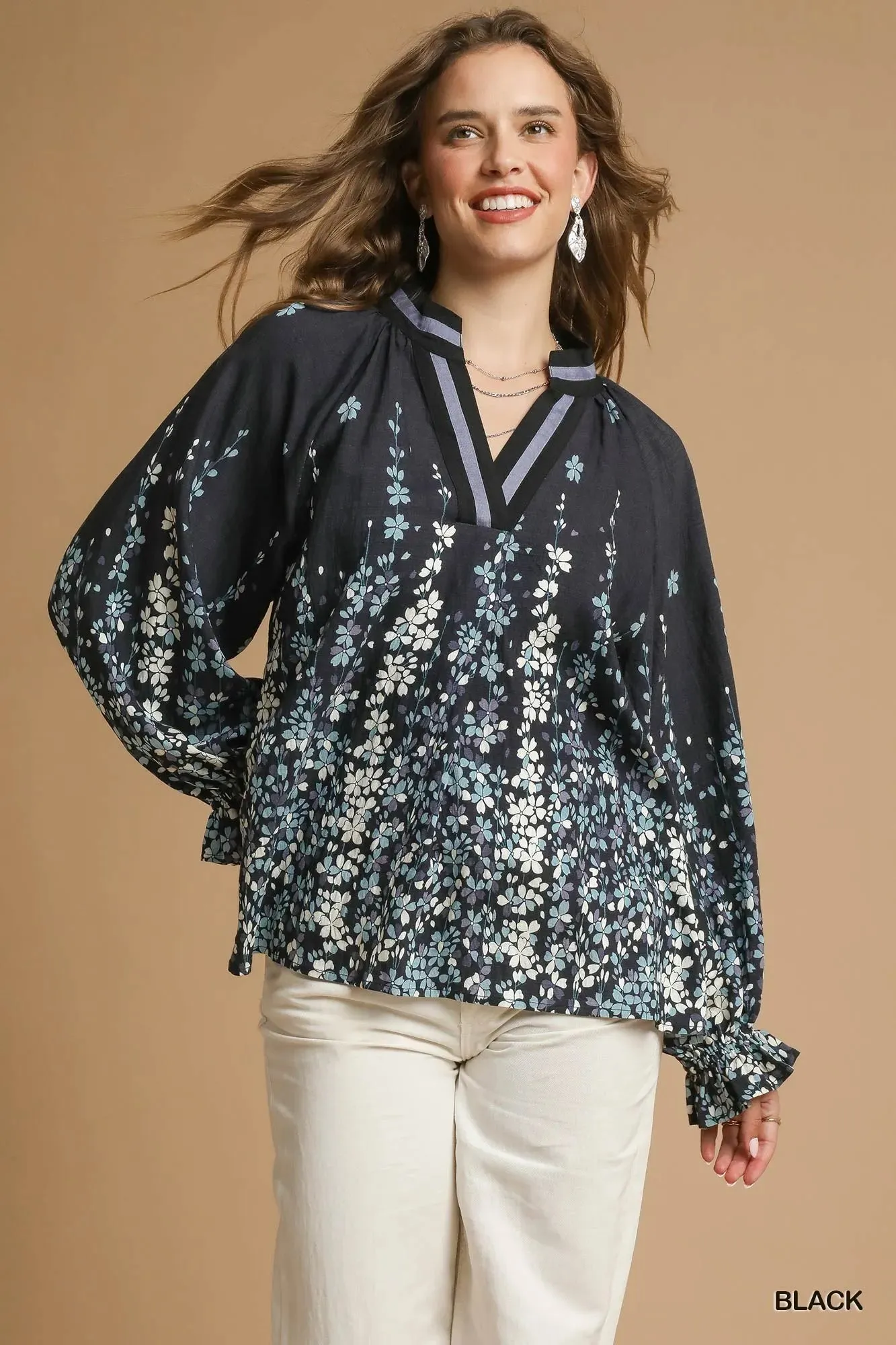 Umgee Full Size Floral Vine Print Blouse with Balloon Sleeves Plus Size sold by Charming Charlie