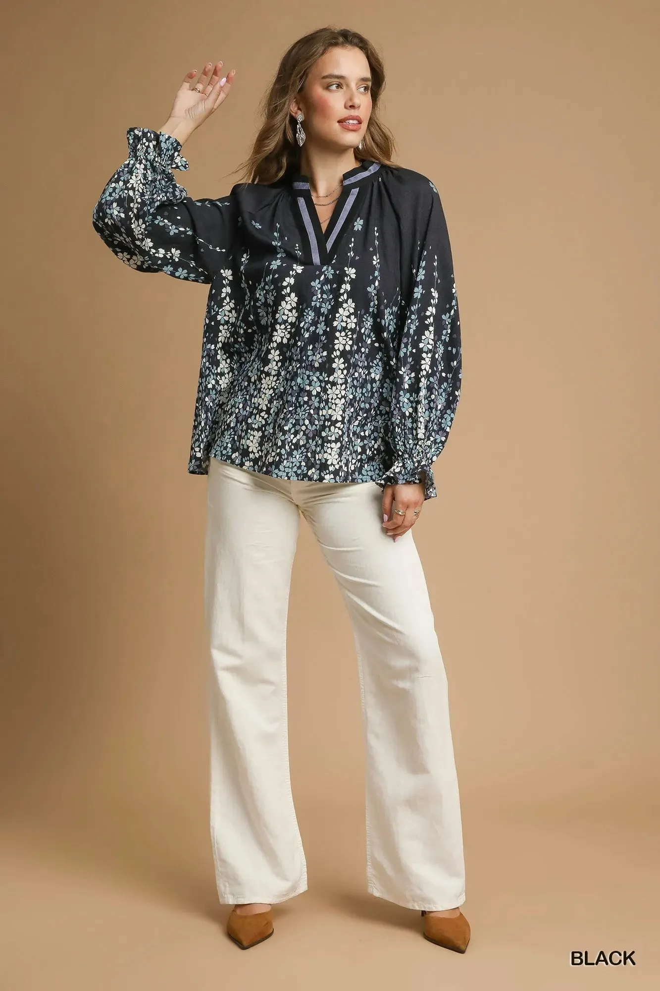 Umgee Full Size Floral Vine Print Blouse with Balloon Sleeves Plus Size sold by Charming Charlie product image thumbnail 2