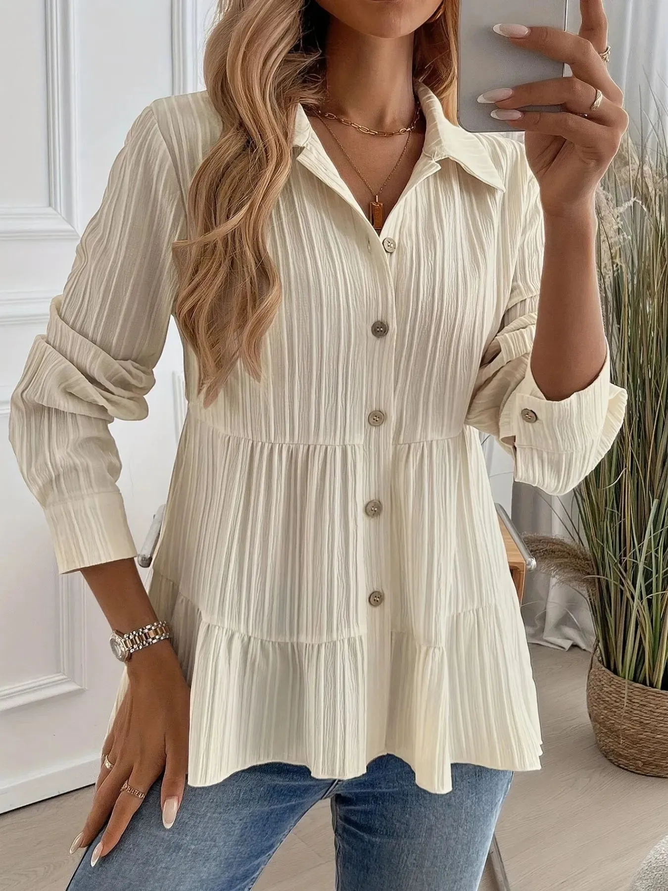 Striped Button-Down Tiered Shirt sold by Charming Charlie