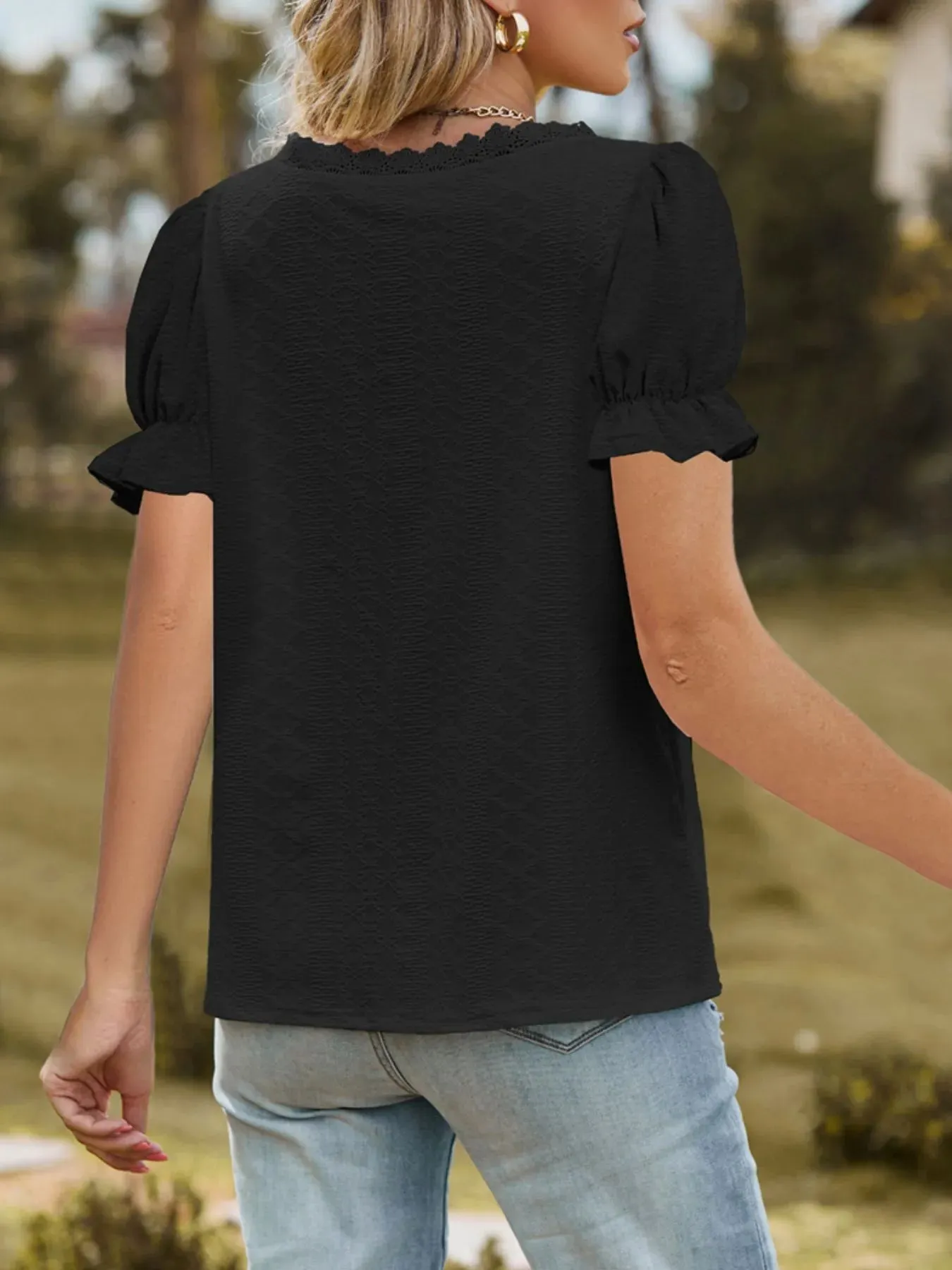 Lace Trim V-Neck Puff Sleeve Blouse sold by Charming Charlie product image thumbnail 3