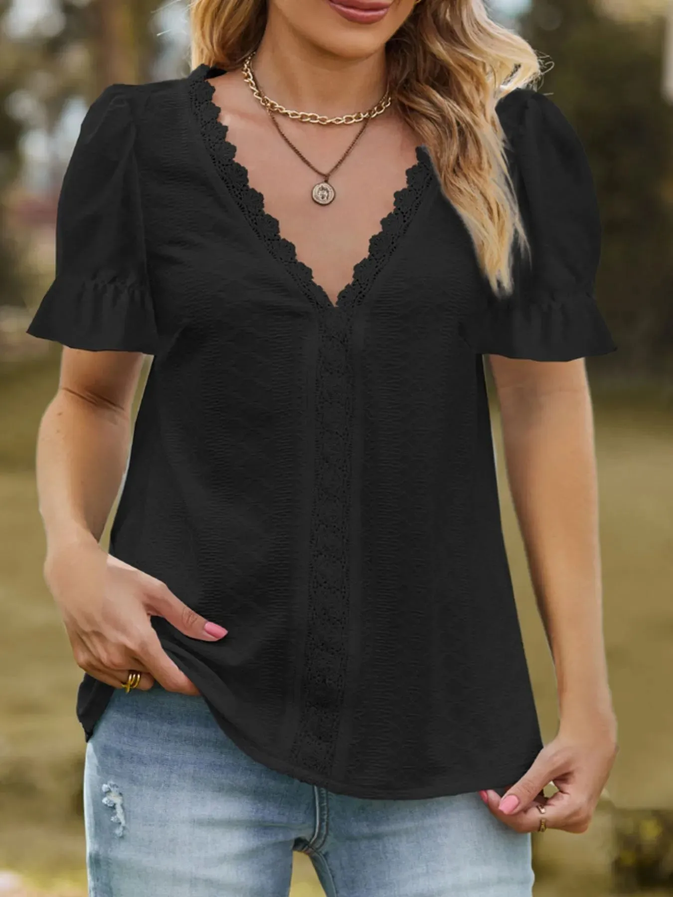 Lace Trim V-Neck Puff Sleeve Blouse sold by Charming Charlie