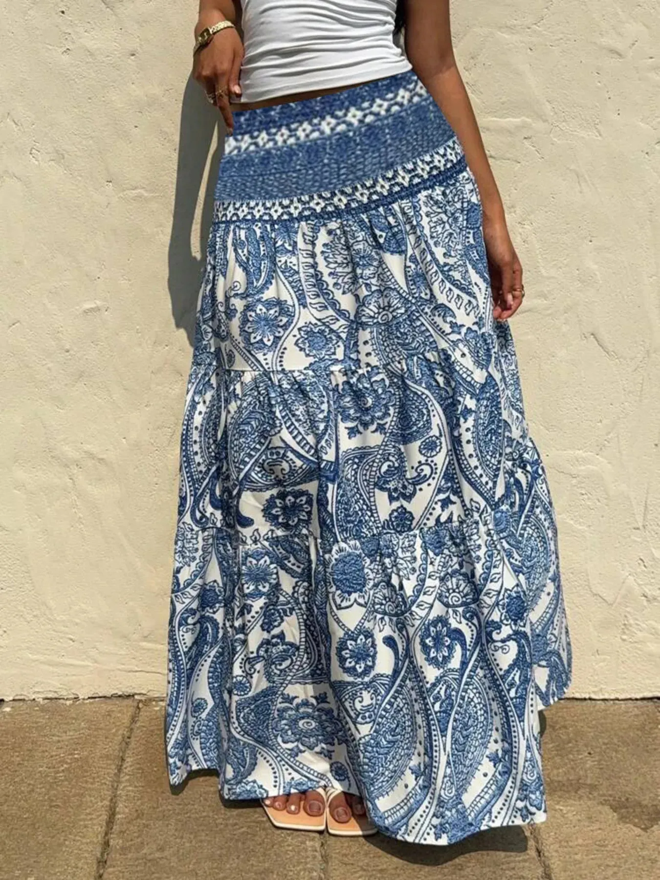 Printed Tiered Maxi Skirt sold by Charming Charlie