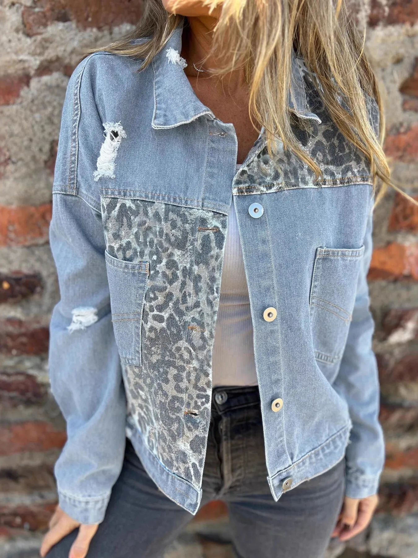 Full Size Leopard Button Up Denim Jacket Plus Size sold by Charming Charlie