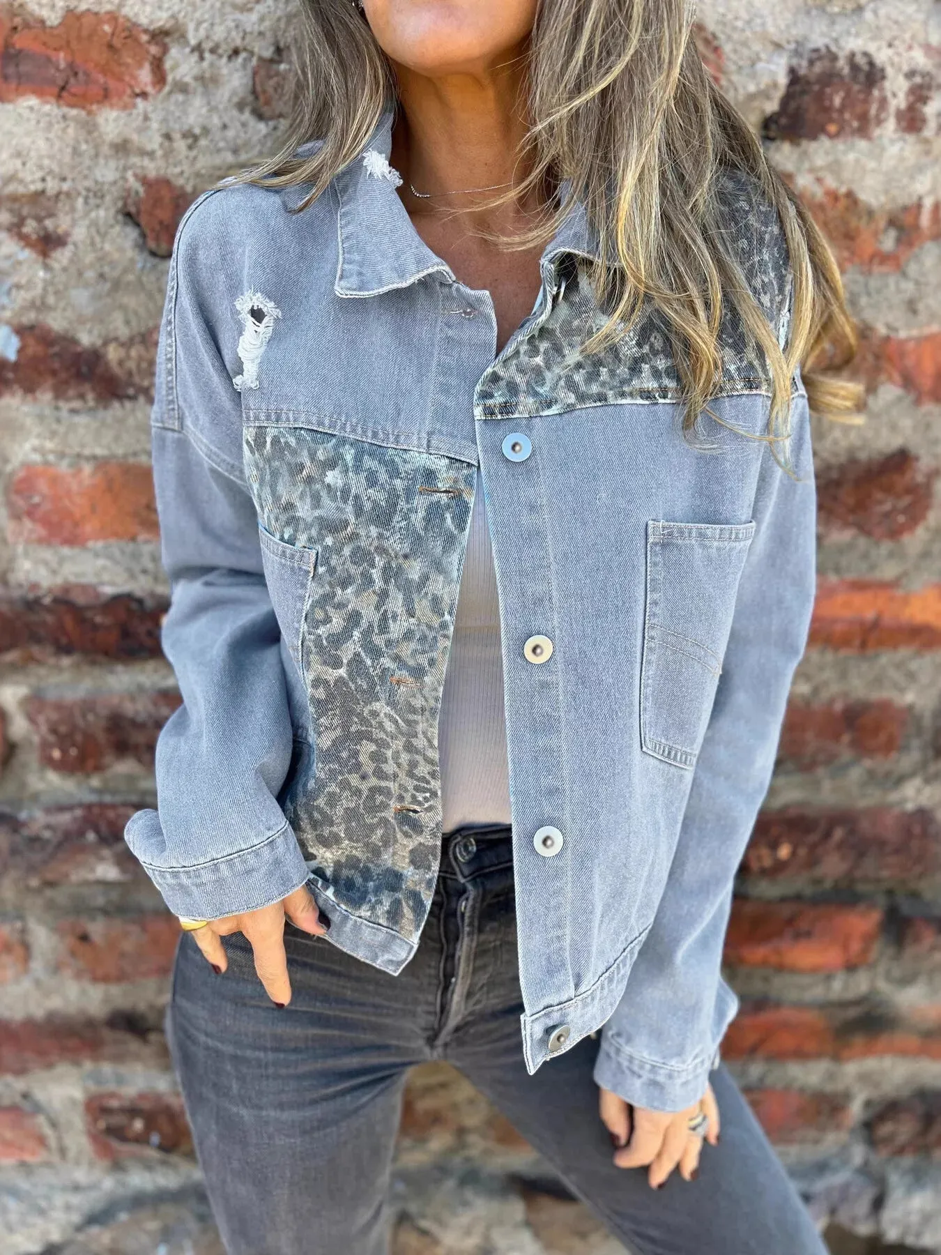 Full Size Leopard Button Up Denim Jacket Plus Size sold by Charming Charlie product image thumbnail 2