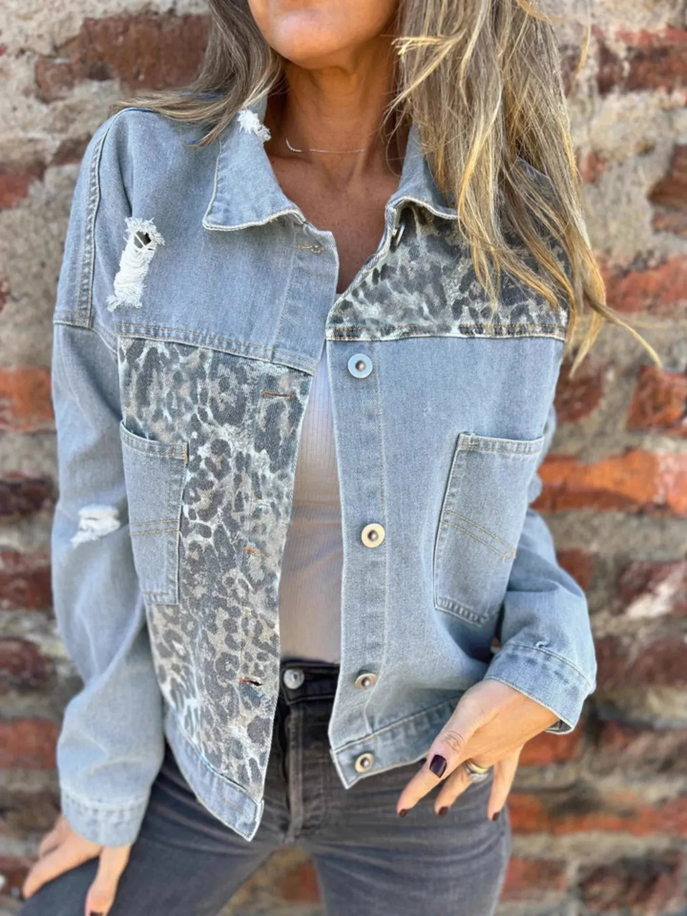 Full Size Leopard Button Up Denim Jacket Plus Size sold by Charming Charlie product image thumbnail 3