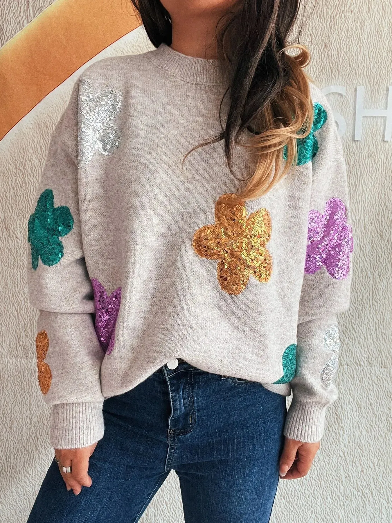 Sequin Flower Round Neck Long Sleeve Sweater sold by Charming Charlie product image thumbnail 3