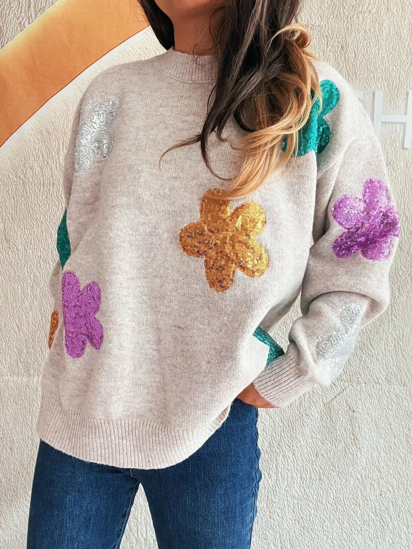 Sequin Flower Round Neck Long Sleeve Sweater sold by Charming Charlie product image thumbnail 4