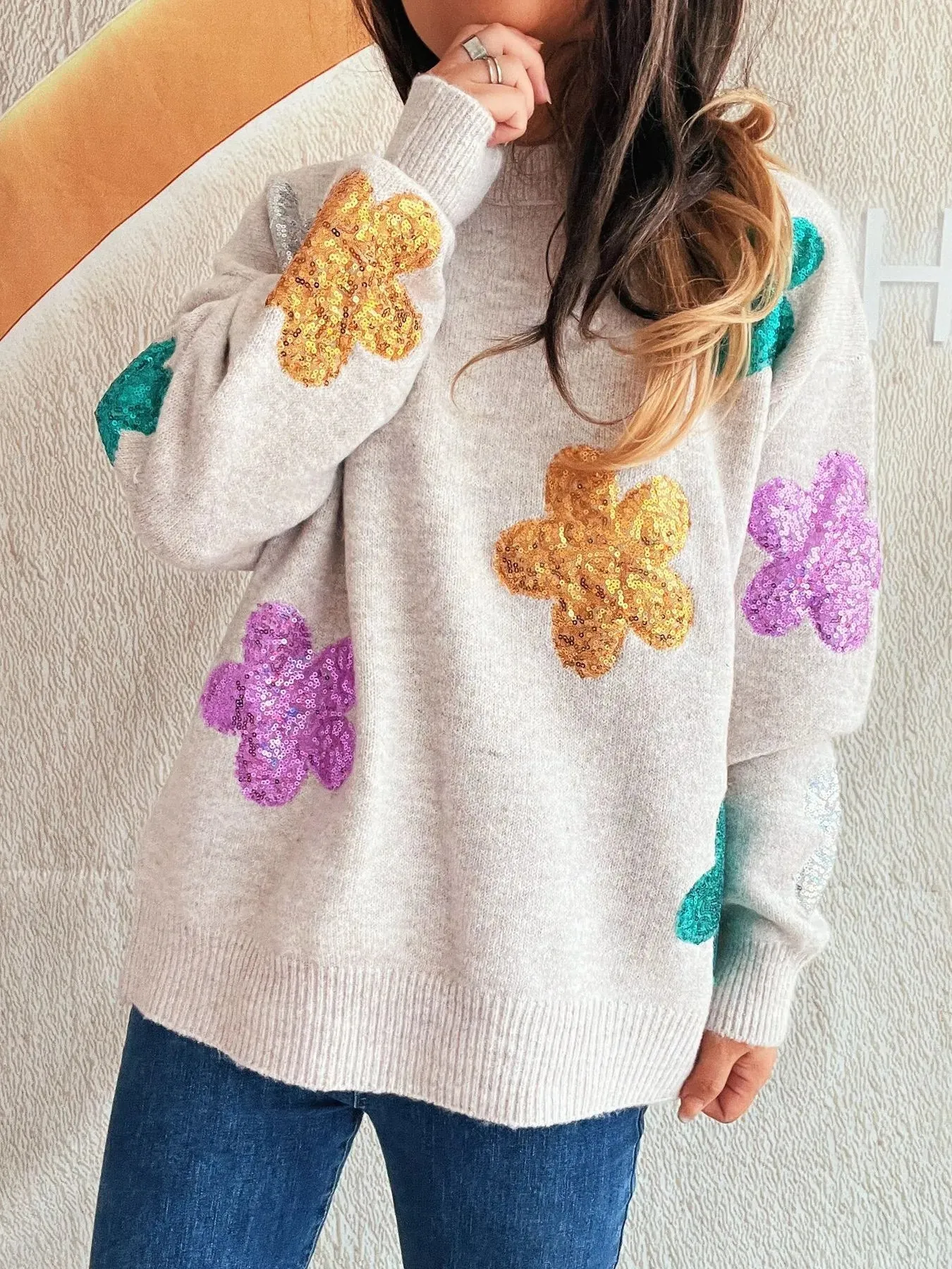 Sequin Flower Round Neck Long Sleeve Sweater sold by Charming Charlie