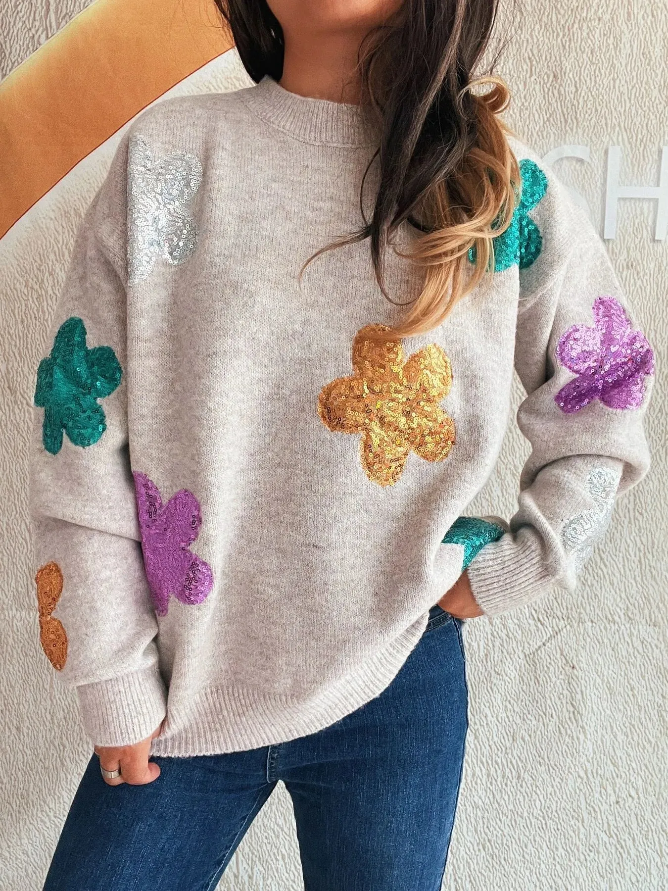 Sequin Flower Round Neck Long Sleeve Sweater sold by Charming Charlie product image thumbnail 5