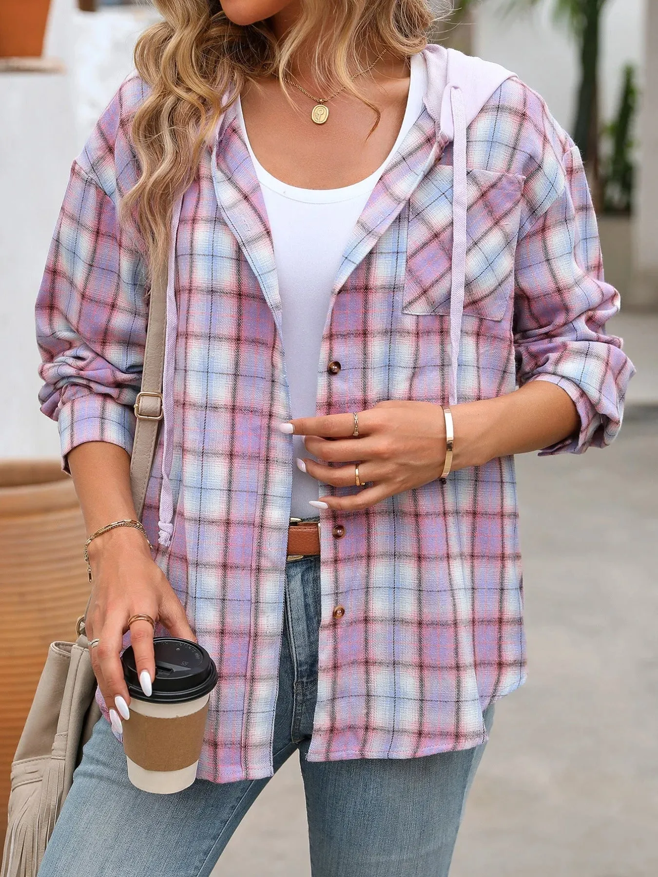 Plaid Button-Up Hooded Shirt sold by Charming Charlie product image thumbnail 4