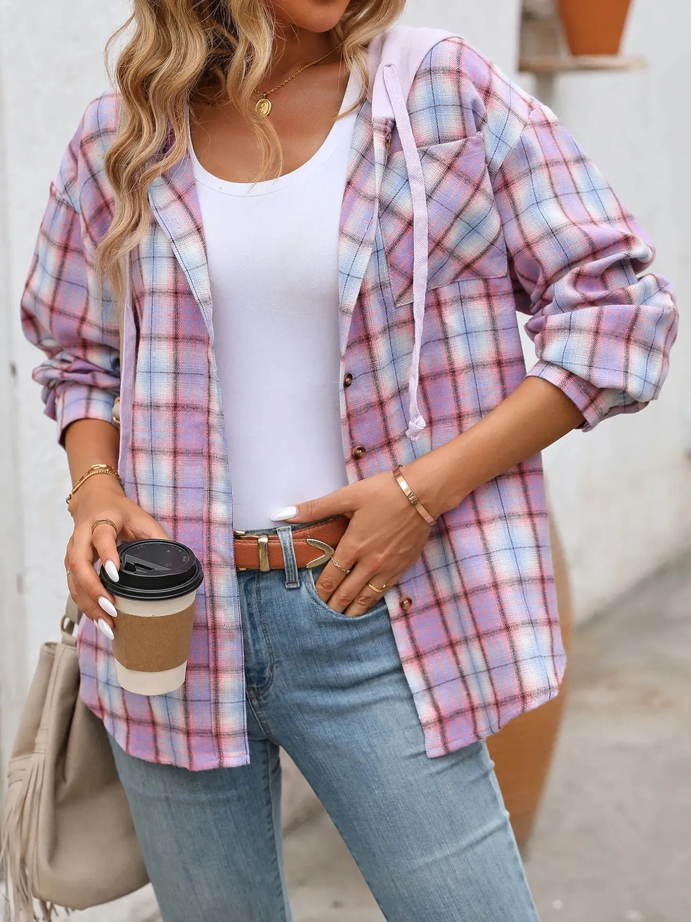 Plaid Button-Up Hooded Shirt sold by Charming Charlie product image thumbnail 2