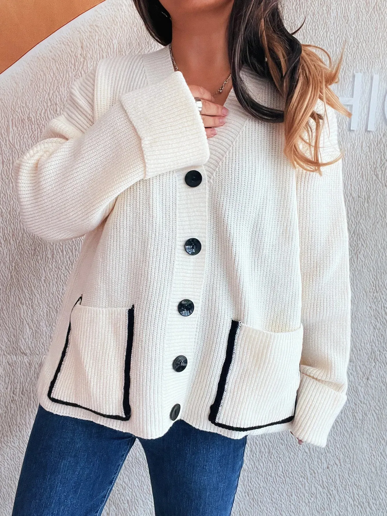 Button-Front Ribbed Cardigan with V-Neck sold by Charming Charlie product image thumbnail 4