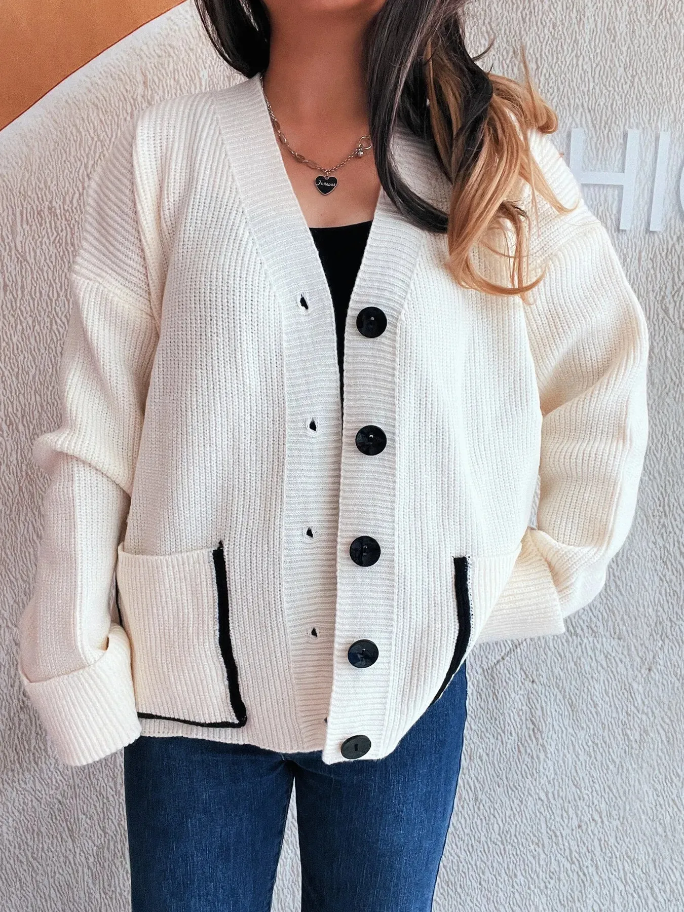 Button-Front Ribbed Cardigan with V-Neck sold by Charming Charlie product image thumbnail 5